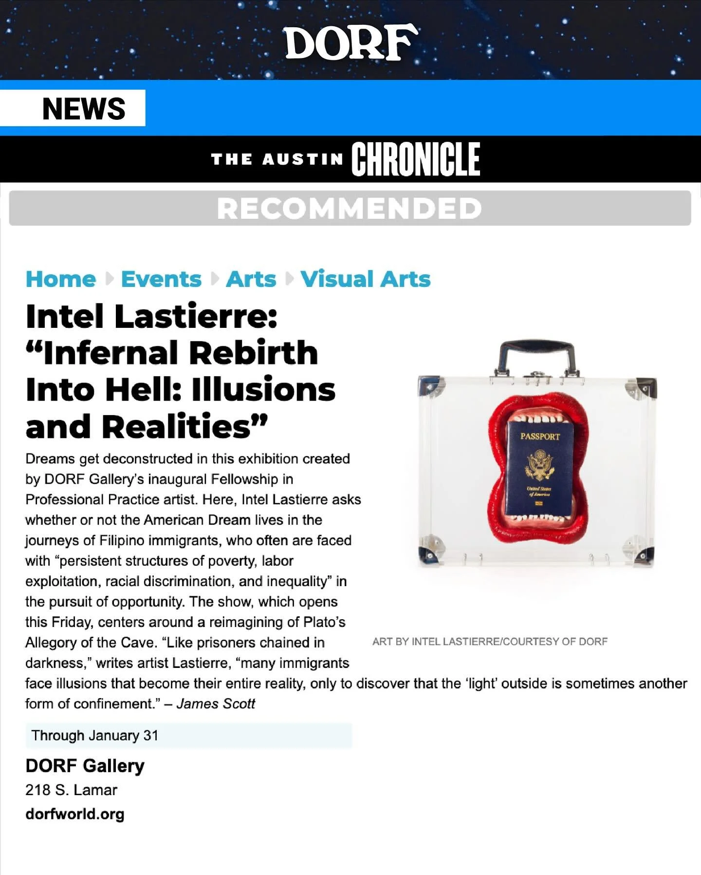 Thanks Austin Chronicle and James Scott for recommending the opening of Intel Lastierre&rsquo;s solo exhibition, Infernal Rebirth into Hell: Illusions and Realities at DORF! Come celebrate with us tomorrow 6&ndash;10 pm! 

📍 DORF, Zilker Point
🗓 Op