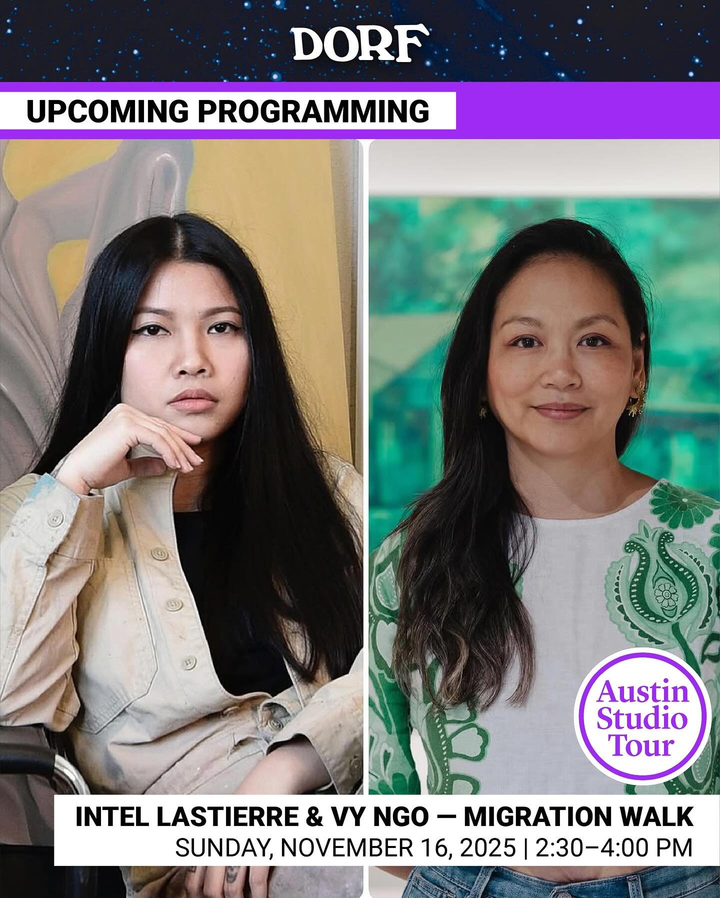 Join us for a special program during the Austin Studio Tour this Sunday, November 16 | 2:30&ndash;4:00 pm &mdash; a walk-and-talk with artists 𝗜𝗻𝘁𝗲𝗹 𝗟𝗮𝘀𝘁𝗶𝗲𝗿𝗿𝗲 (@intellastierre.art) and 𝗩𝘆 𝗡𝗴𝗼 (@vjngo_art) whose exhibitions are curr