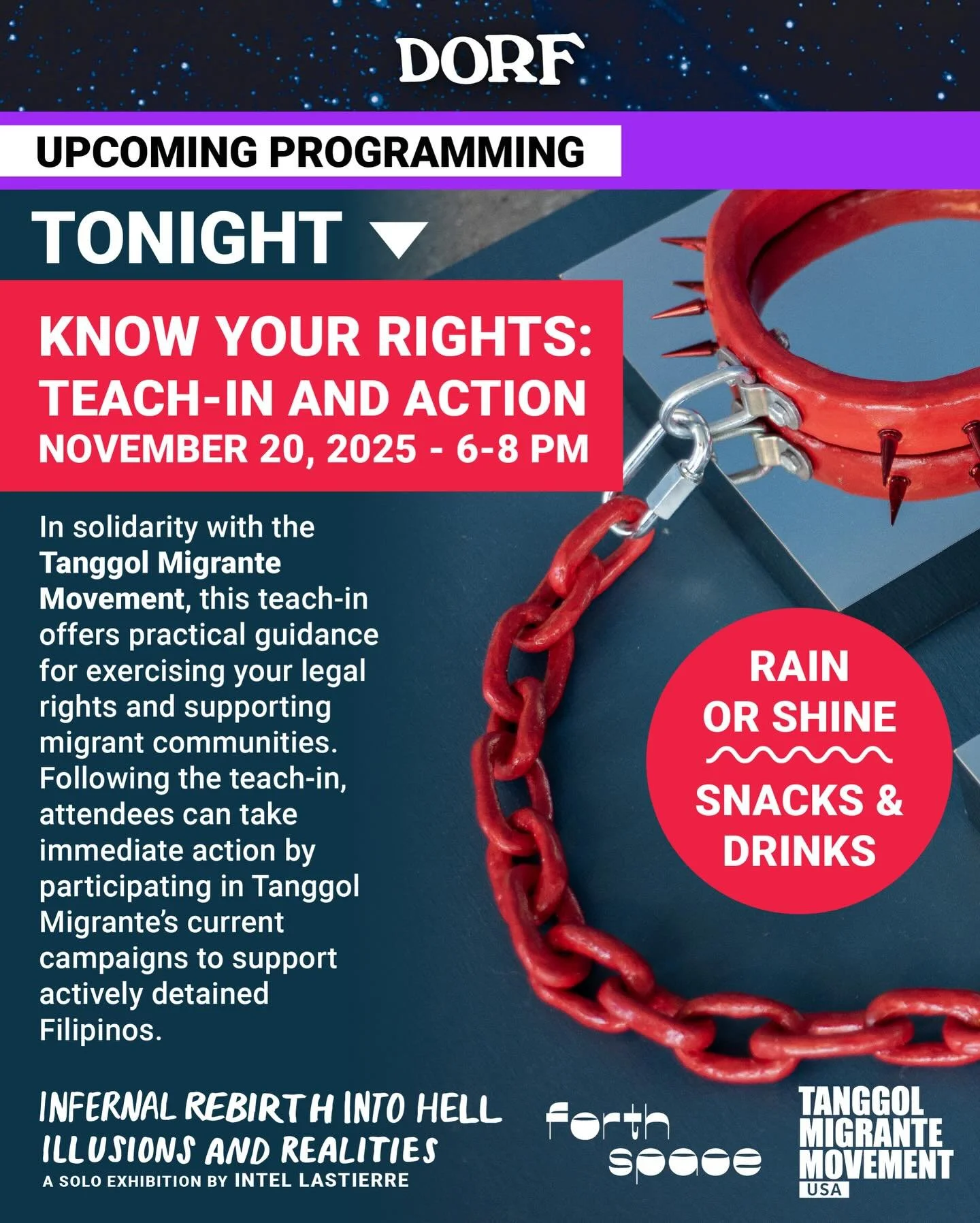 Join us at DORF TONIGHT | 6-8 pm for a 𝙆𝙣𝙤𝙬 𝙔𝙤𝙪𝙧 𝙍𝙞𝙜𝙝𝙩𝙨: 𝙏𝙚𝙖𝙘𝙝-𝙞𝙣 𝙖𝙣𝙙 𝘼𝙘𝙩𝙞𝙤𝙣 in solidarity with the Tanggol Migrante Movement. Attendees will learn more about the historic and current issues that migrants face, how to ex