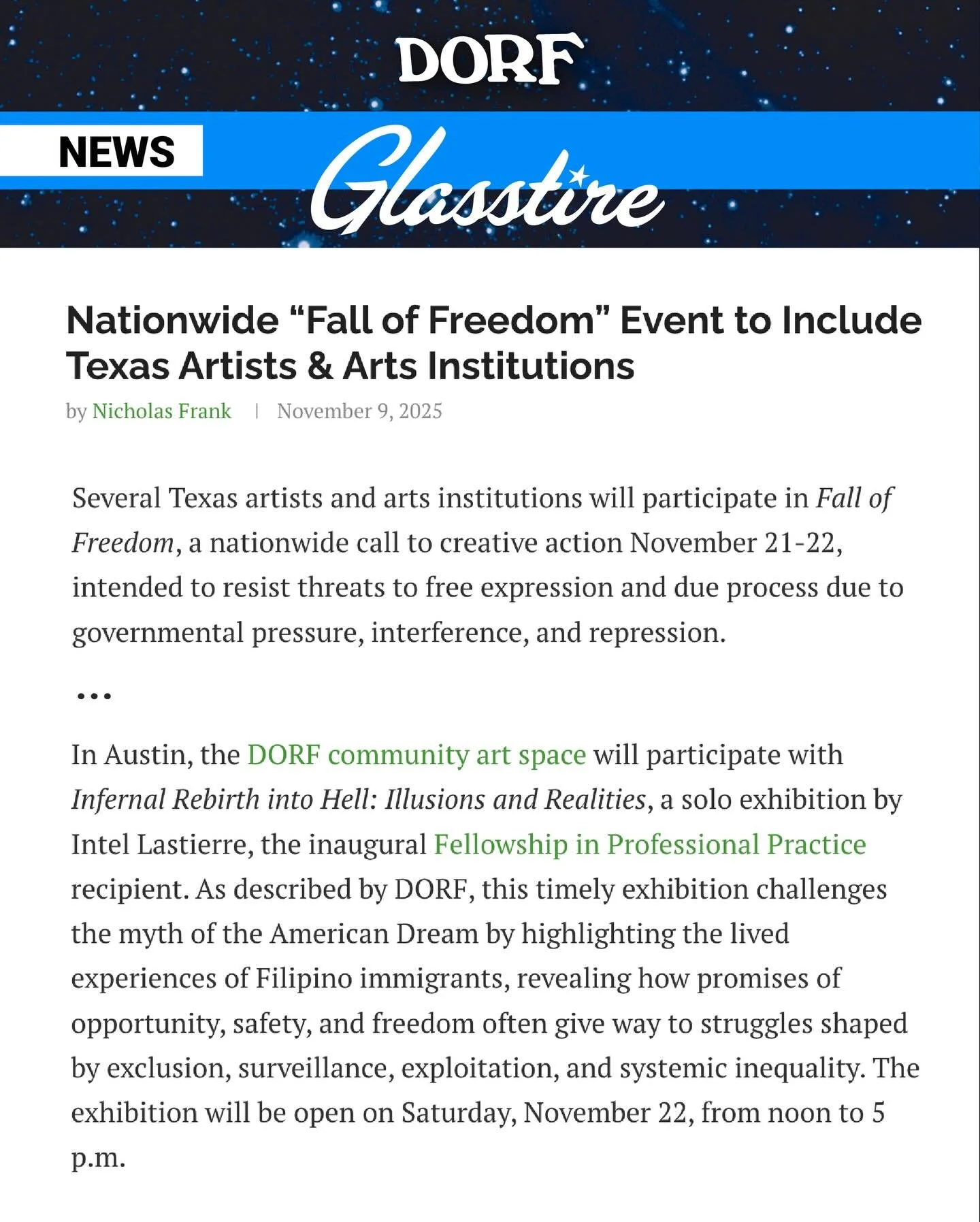 Thank you @glasstire and @nicholasfrankpubliclibrary for your coverage of 𝙁𝙖𝙡𝙡 𝙊𝙛 𝙁𝙧𝙚𝙚𝙙𝙤𝙢, and including DORF in the writeup!

We are energized to participate in #𝙁𝙖𝙡𝙡𝙊𝙛𝙁𝙧𝙚𝙚𝙙𝙤𝙢, a nationwide cultural movement of artists, wri