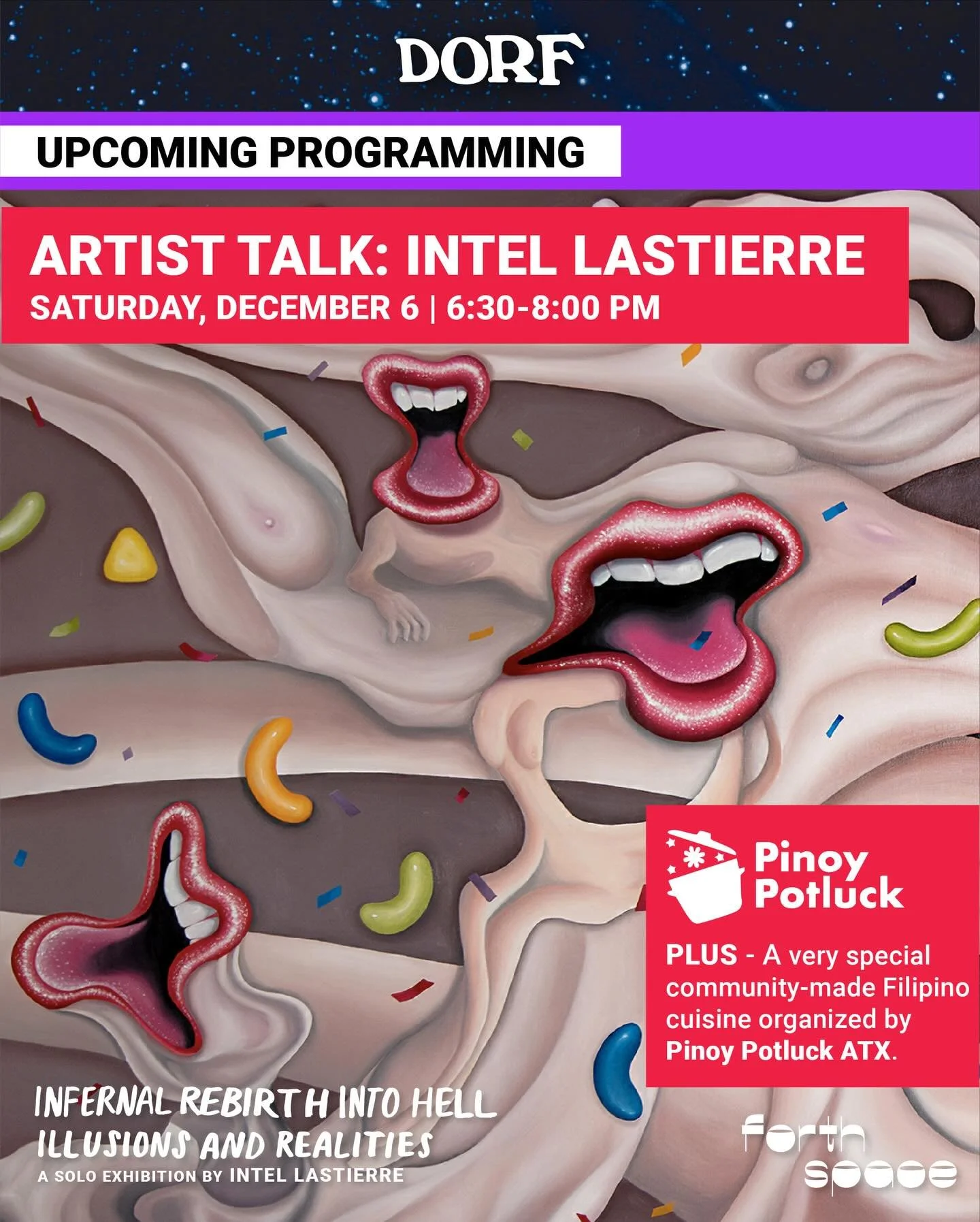 Join us this Saturday, December 6, for an artist talk with 𝗜𝗻𝘁𝗲𝗹 𝗟𝗮𝘀𝘁𝗶𝗲𝗿𝗿𝗲. Walk the gallery as Intel shares the stories and ideas behind her solo exhibition 𝙄𝙣𝙛𝙚𝙧𝙣𝙖𝙡 𝙍𝙚𝙗𝙞𝙧𝙩𝙝 𝙄𝙣𝙩𝙤 𝙃𝙚𝙡𝙡: 𝙄𝙡𝙡𝙪𝙨𝙞𝙤𝙣𝙨 𝙖𝙣𝙙 ?