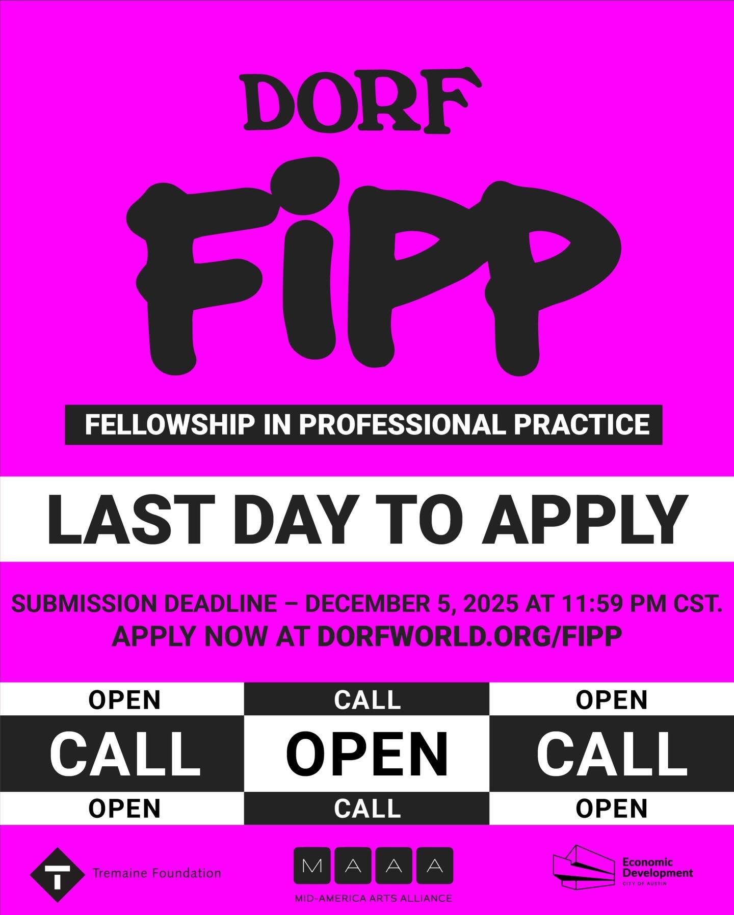 LAST DAY TO APPLY for the second annual 𝙁𝙚𝙡𝙡𝙤𝙬𝙨𝙝𝙞𝙥 𝙞𝙣 𝙋𝙧𝙤𝙛𝙚𝙨𝙨𝙞𝙤𝙣𝙖𝙡 𝙋𝙧𝙖𝙘𝙩𝙞𝙘𝙚 (𝙁𝙞𝙋𝙋)! This transformative, year-long mentorship initiative is designed to support early-career artists in Travis, Hays, Bastrop, Caldwel