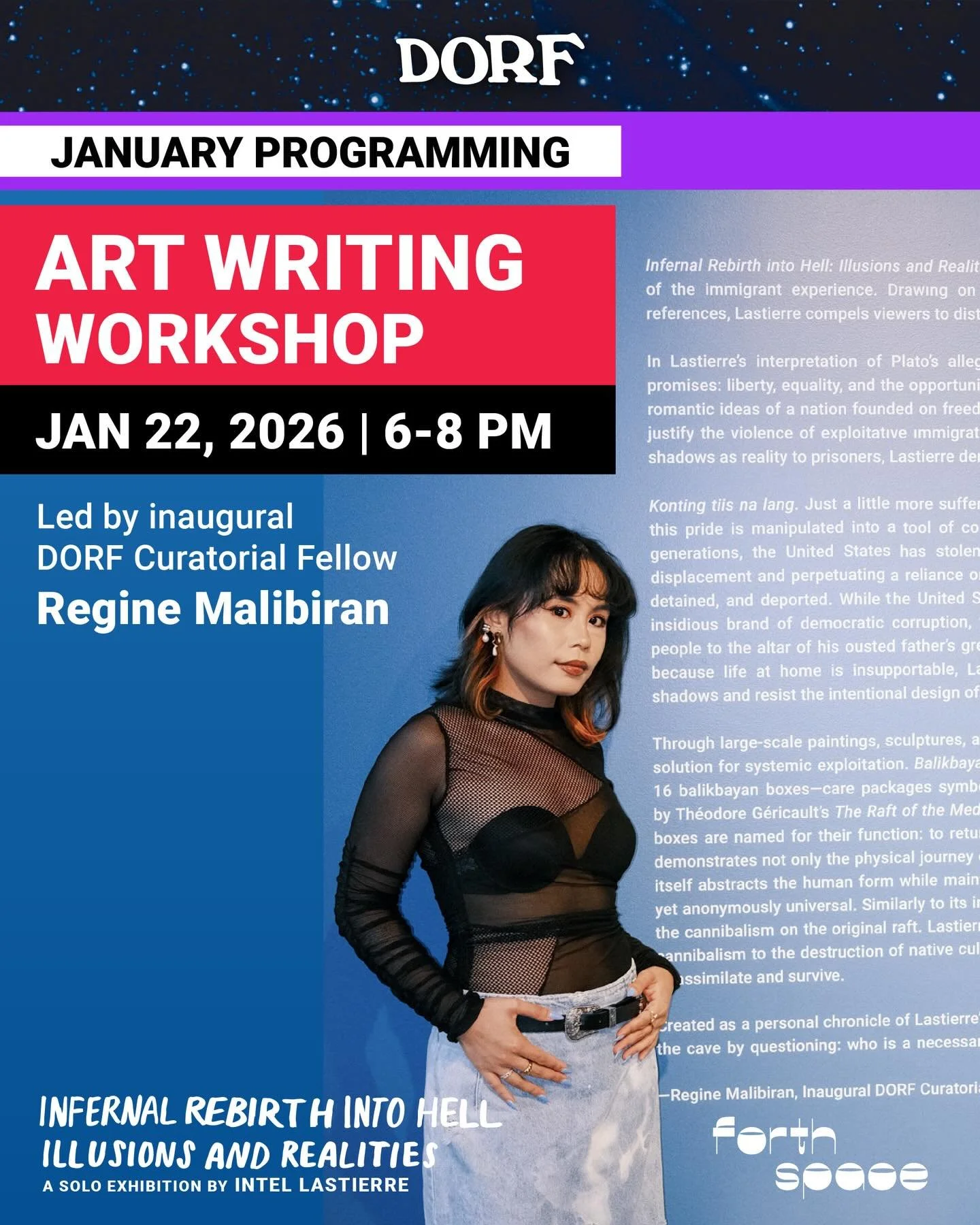 Next Thursday, Jan. 22 from 6:00-8:00 pm at DORF, inaugural Curatorial Fellow Regine Malibiran will lead an art writing workshop designed for artists, curators, and cultural programmers who recognize their work as a tool of progress and coalition bui
