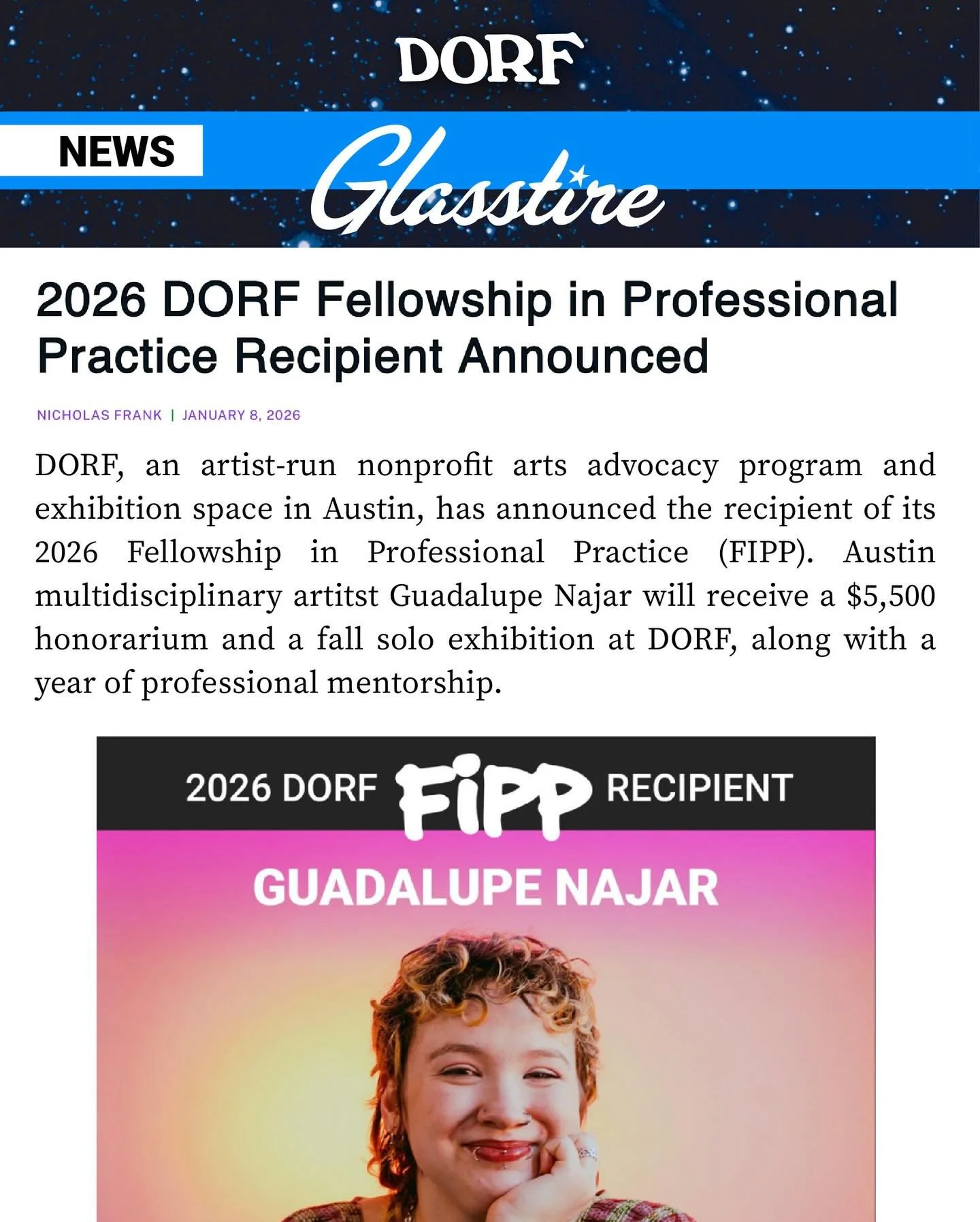 Thank you @glasstire and @nicholasfrankpubliclibrary for your coverage of the 2026 DORF Fellowship in Professional Practice (FiPP) Recipient, 𝗚𝘂𝗮𝗱𝗮𝗹𝘂𝗽𝗲 𝗡𝗮𝗷𝗮𝗿 (@loobooinajar)! Read the full article at link in bio.

Come view inaugural Fi