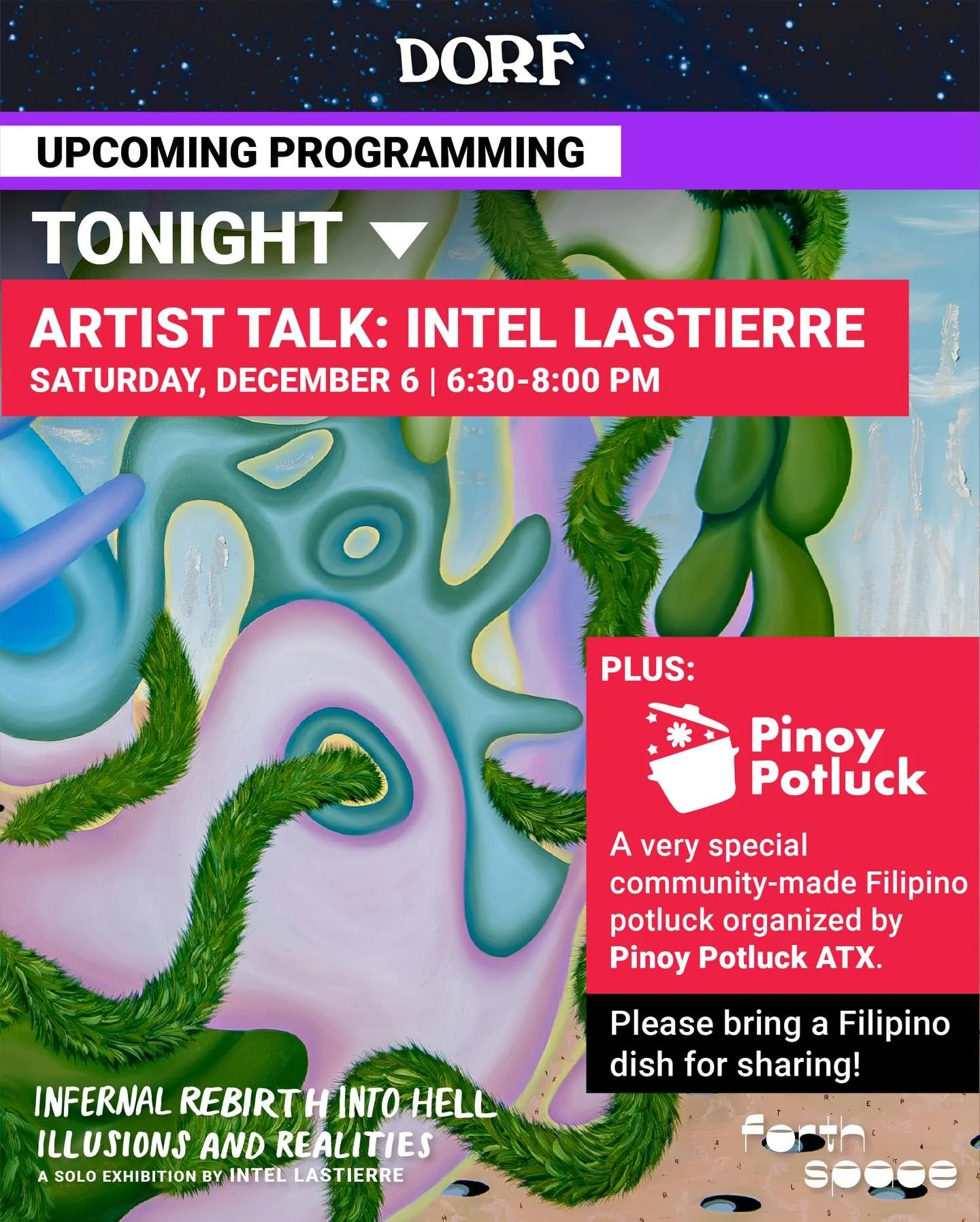 Join us this TONIGHT, 6:30-8:00 pm, for an artist talk with 𝗜𝗻𝘁𝗲𝗹 𝗟𝗮𝘀𝘁𝗶𝗲𝗿𝗿𝗲 (@intellastierre.art) and community potluck organized by Pinoy Potluck (@pinoypotluckatx)!

Come share a meal and walk the gallery as Intel shares the stories a