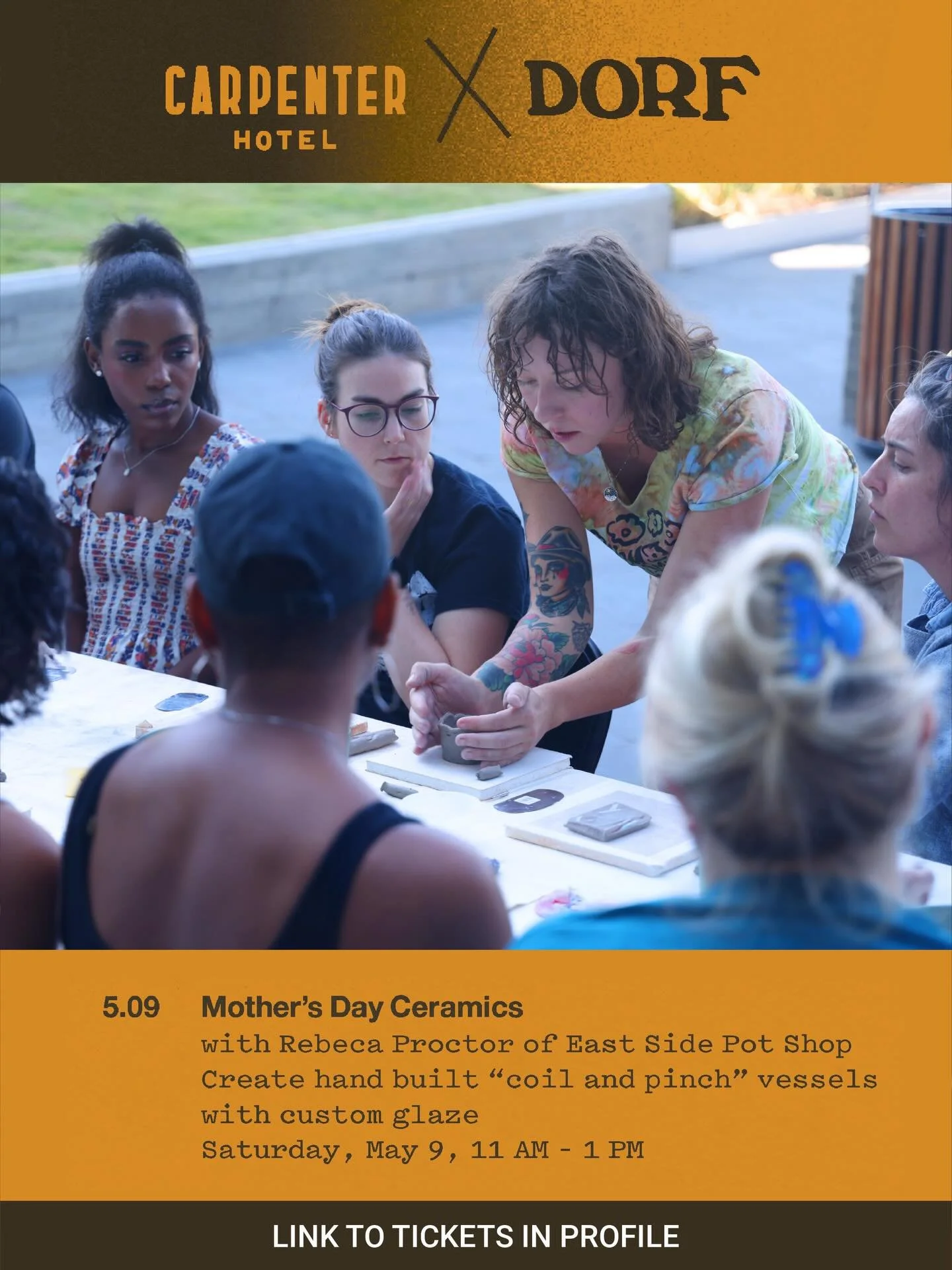 Celebrate Mother&rsquo;s Day through making ✨

DORF is partnering with Carpenter Hotel and East Side Pot Shop for a special ceramics workshop led by artist Rebeca Proctor. Participants will learn coil + pinch techniques to create small vessels, then 
