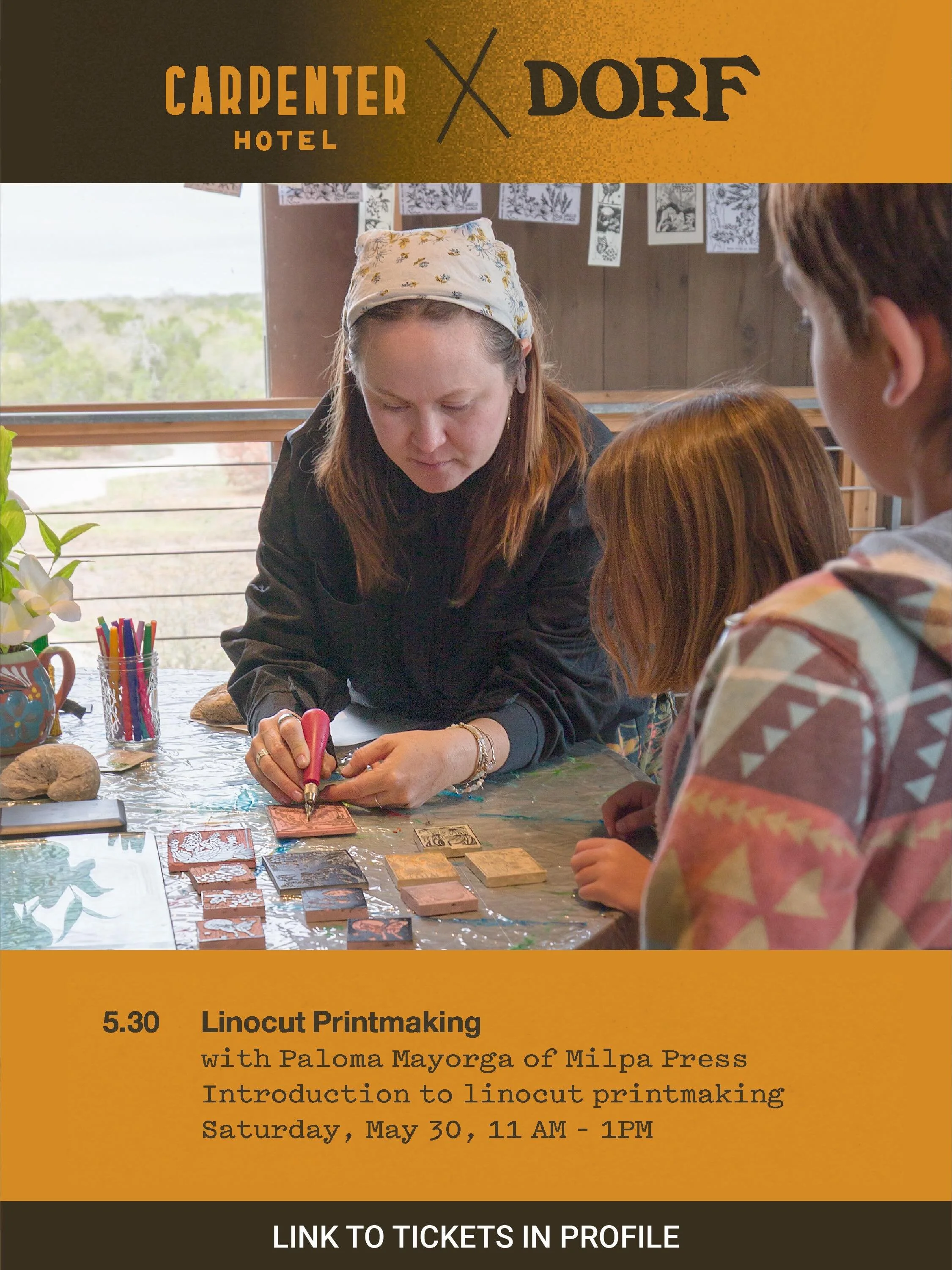 ☀️Join us this Saturday for a printmaking workshop with Milpa Press at Carpenter Hotel ✨

DORF is partnering with Carpenter Hotel (@carpenterhotel) for a hands-on linocut workshop led by artist Paloma Mayorga (@paloma.mayorga) of Milpa  Press (@milpa