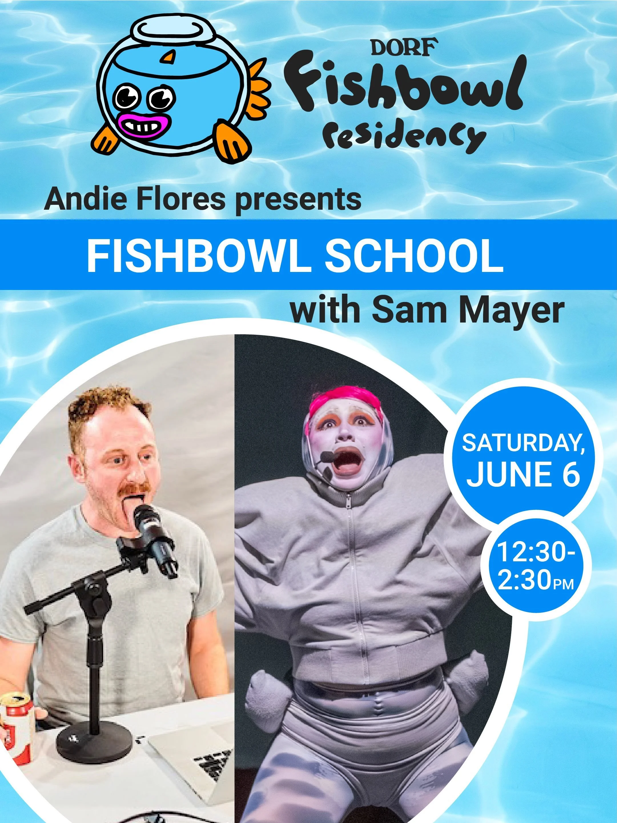 🐠 FISHBOWL SCHOOL: SAM MAYER 💦

Join us this Saturday, June 6, from 12:30&ndash;2:30 PM as playwright Sam Mayer (@ss__a____m) enters the Fishbowl to collaborate with current resident artist Andie Flores (@bidibidibummer).

Fishbowl School, devised 