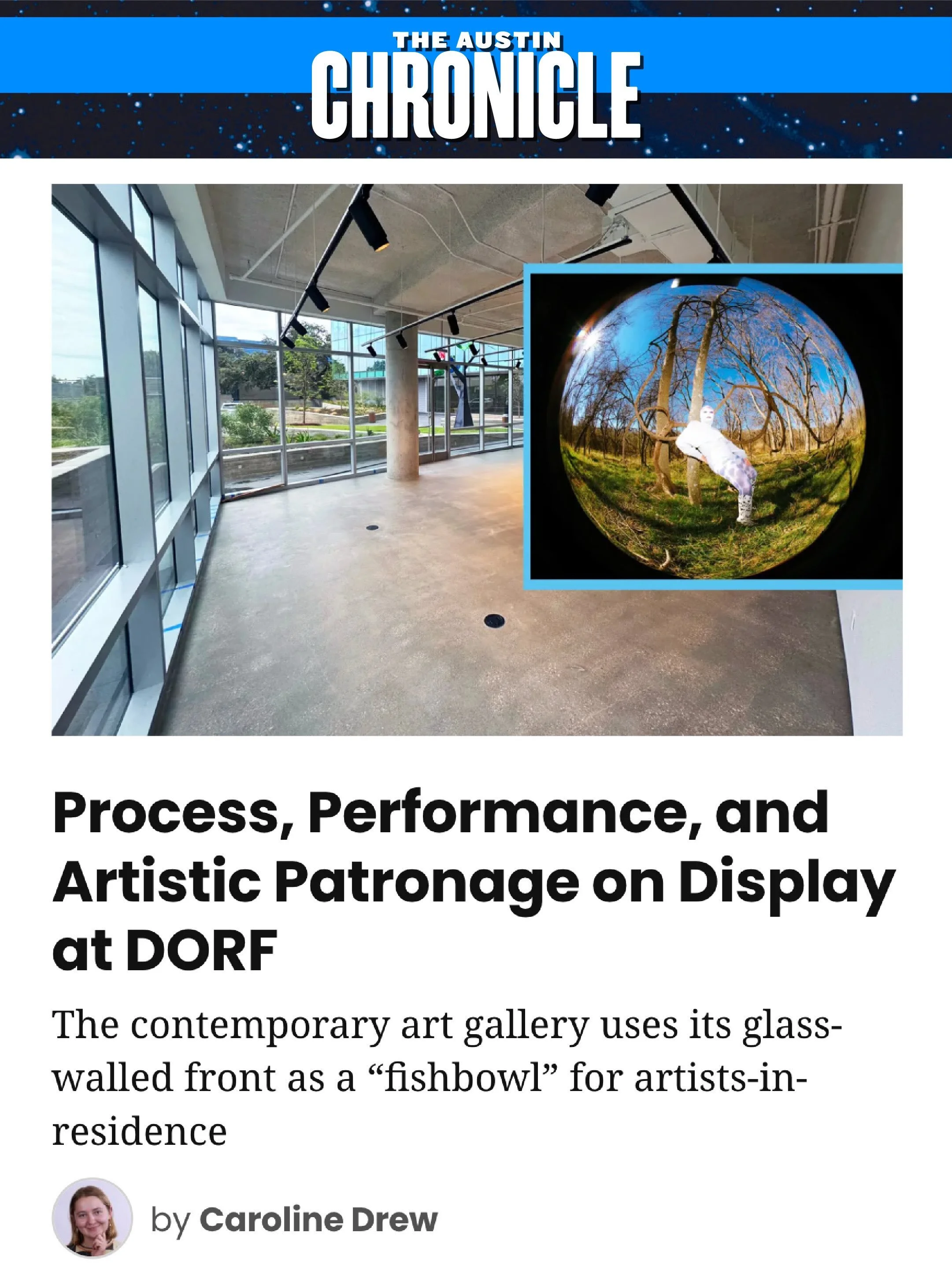 Thank you @austinchronicle and Caroline Drew (@carekdrew) for featuring DORF&rsquo;s inaugural Fishbowl Residency!

Fishbowl Residency invites artists to create in real time, transforming our gallery into a transparent studio where visitors can witne