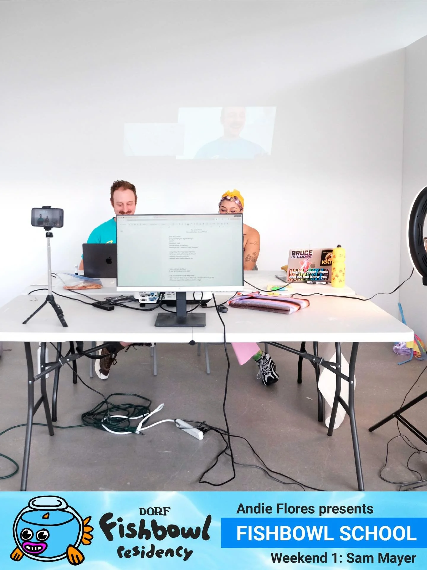 🐠 The first weekend of Fishbowl School went swimmingly! 💦 Inaugural Fishbowl resident Andie Flores held a live brainstorming work session with her writing and directing collaborator Sam Mayer to develop the story and background for an upcoming play