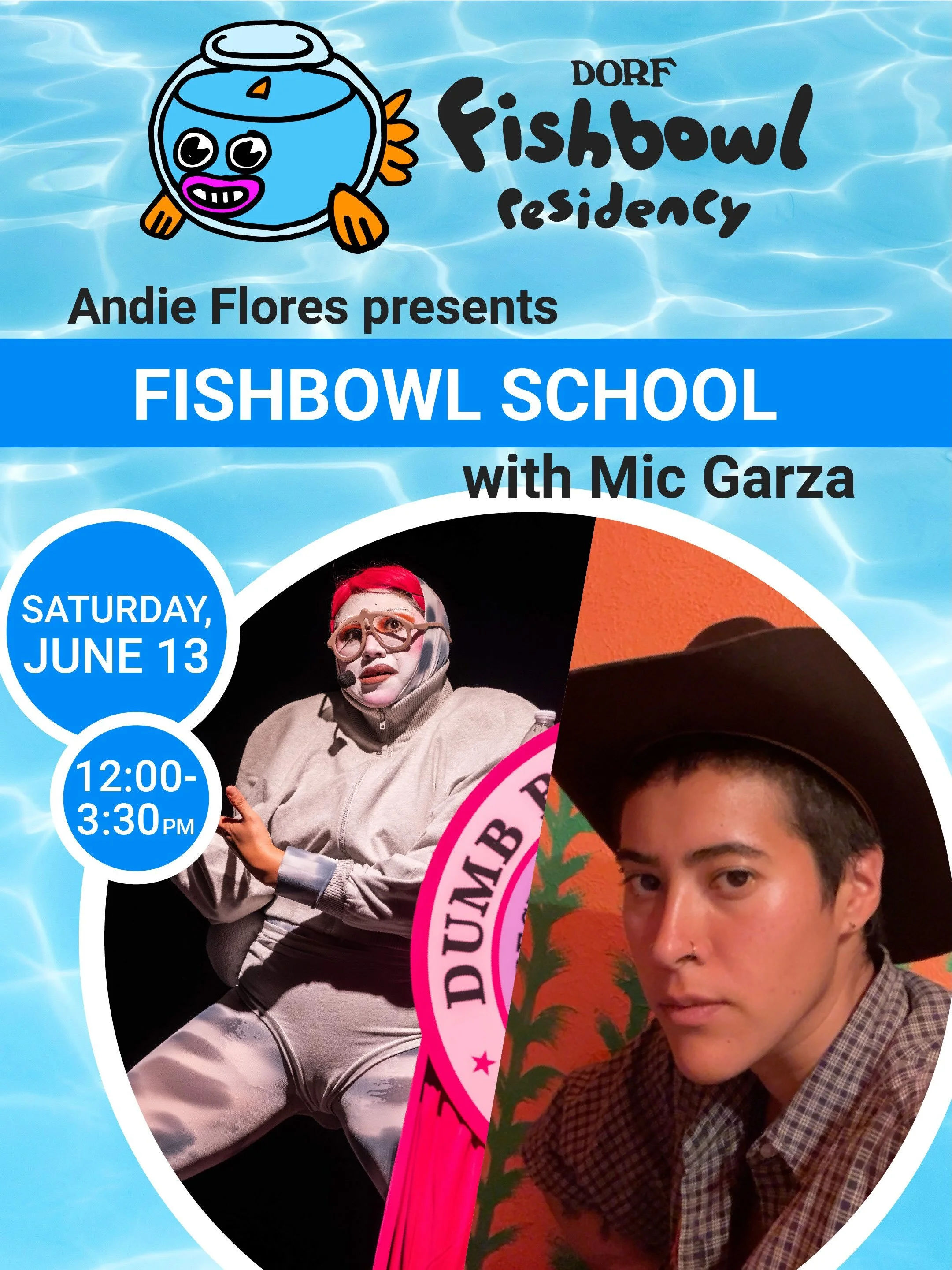 🐟FISHBOWL SCHOOL: MIC GARZA 💦

Join us this Saturday as artist Mic Garza (@luckyduckkie) enters the Fishbowl to collaborate with current Fishbowl Resident Artist Andie Flores (@bidibidibummer).

📍 DORF
🗓 Saturday, June 13
⏰ 12:00&ndash;3:30 PM

M