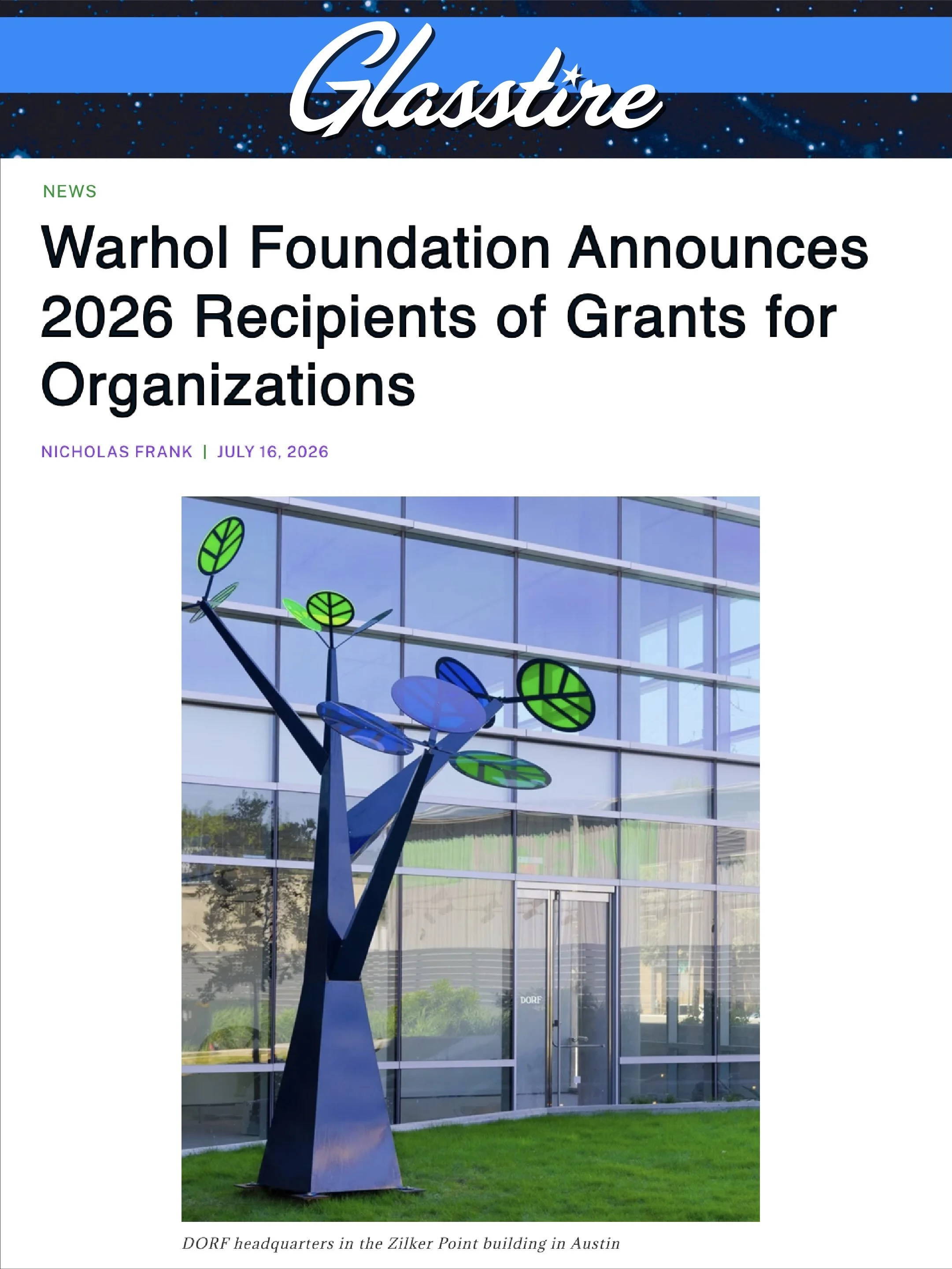 We&rsquo;re so grateful to @glasstire for highlighting DORF as a recipient of The Andy Warhol Foundation for the Visual Arts&rsquo; (@warholfoundation) inaugural Project Grant for Small-Scale Organizations.

A huge thanks to writer Nicholas Frank (@n