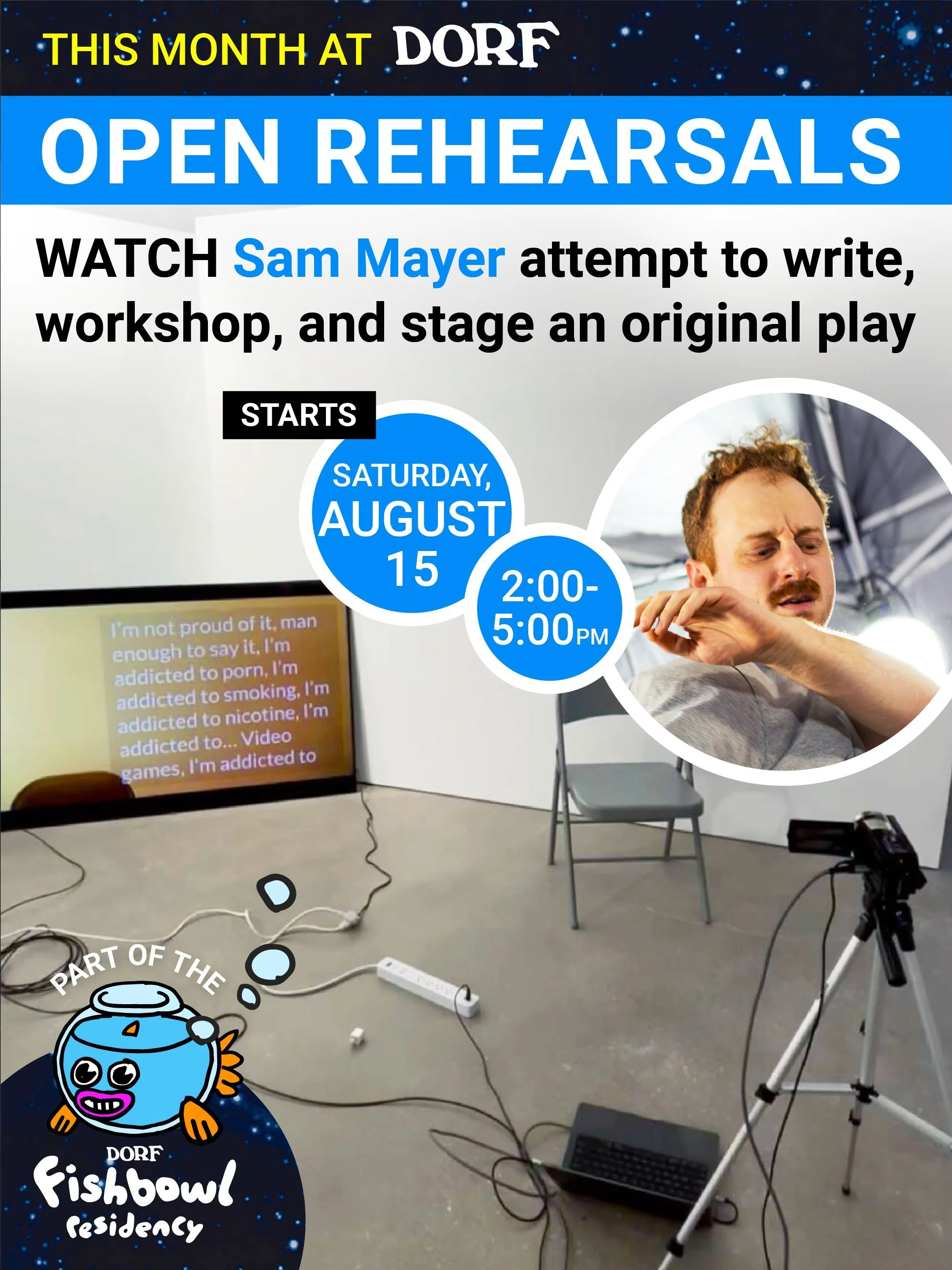 SAM MAYER IS IN THE FISHBOWL! 🐟

We&rsquo;re excited to welcome Austin-based artist, playwright and world builder Sam Mayer (@ss__a____m) as our current Fishbowl Resident! Over the next few weeks, Sam will be using DORF&rsquo;s gallery as an active 