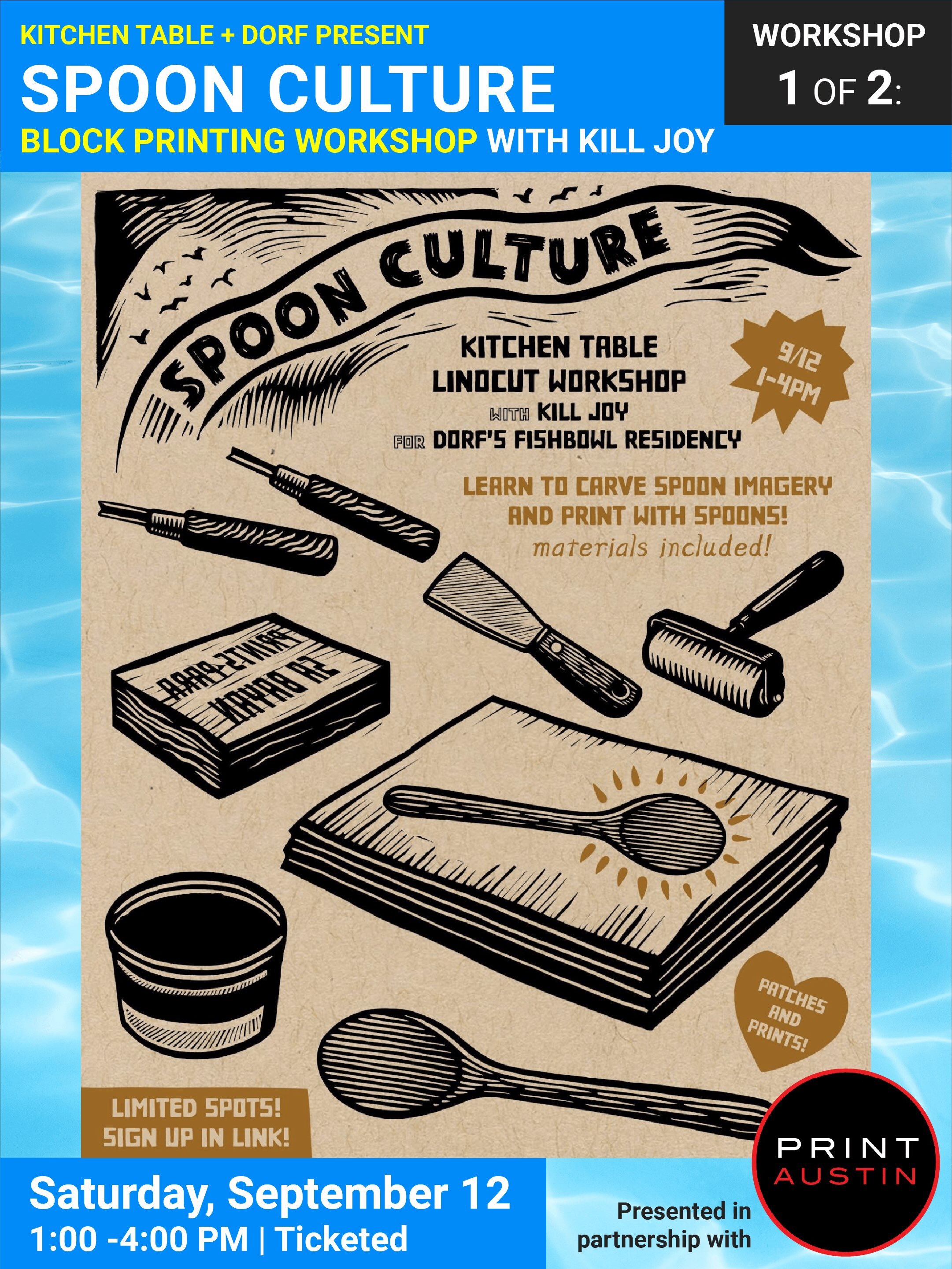 Join us this weekend for two printmaking workshops &mdash; part of Kitchen Table&rsquo;s Fishbowl Residency!

🥄Sat. Sept 12 &mdash; Spoon Culture

Block printing workshop with Kill Joy (@kill.joy.land)
Presented in partnership with PrintAustin (@pri