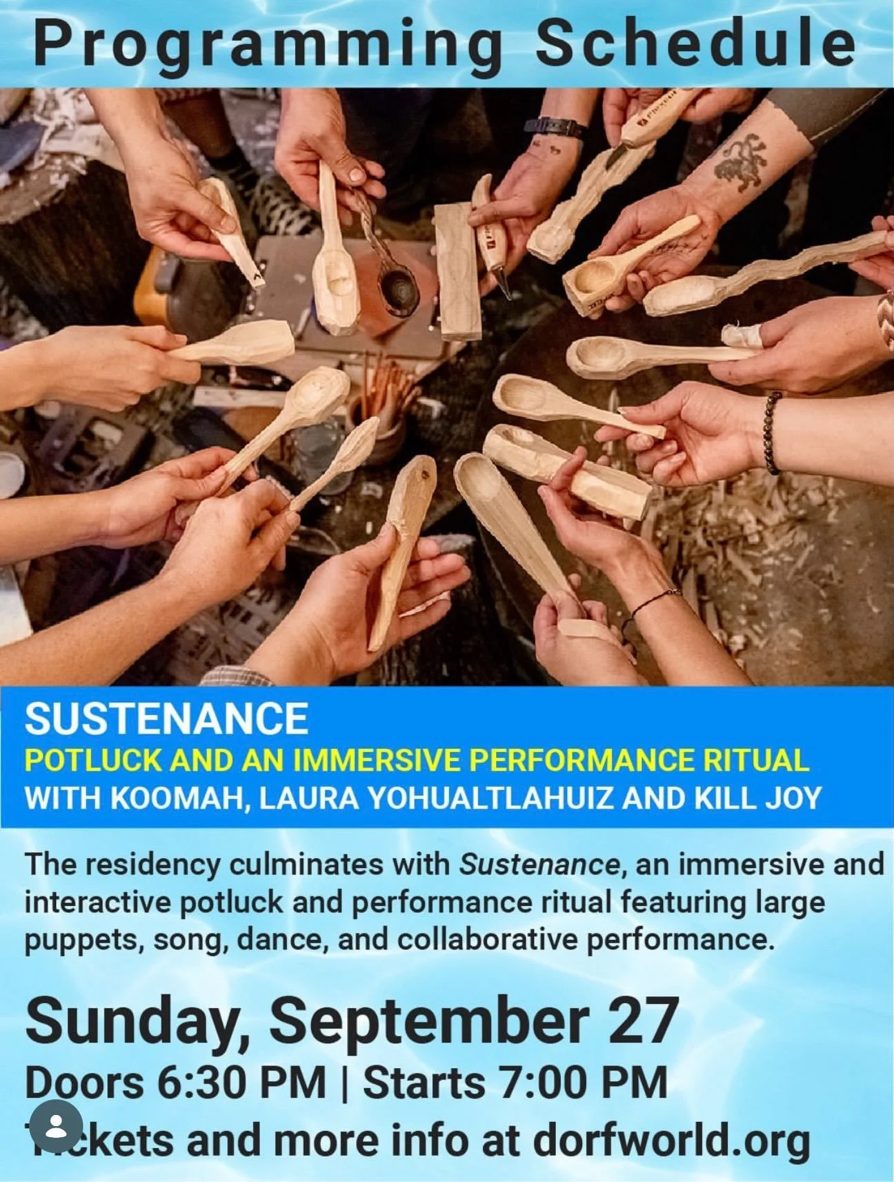 Kitchen Table&rsquo;s Fishbowl Residency culminates with Sustenance, a potluck and an immersive, interactive ritual featuring large puppets, song, dance, and collaborative performance with Houston-based Kill Joy (@kill.joy.land) and Koomah (@_koomah_