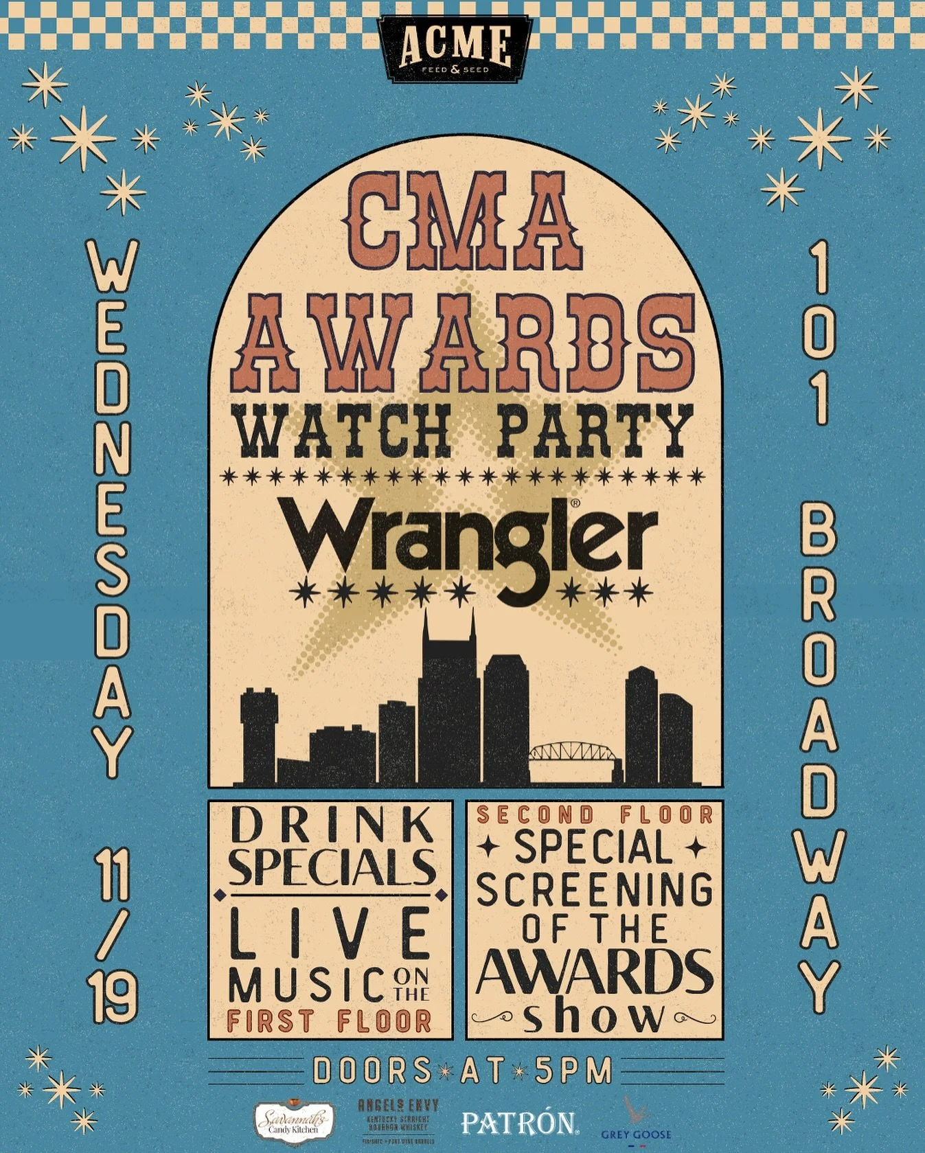 Mark your calendars, it’s almost country music’s biggest night of the year 💛
Join us for the official Wrangler CMA Awards Viewing Party on Wednesday, November 19th on our second floor!
Enjoy themed drink specials from @angelsenvy @patr