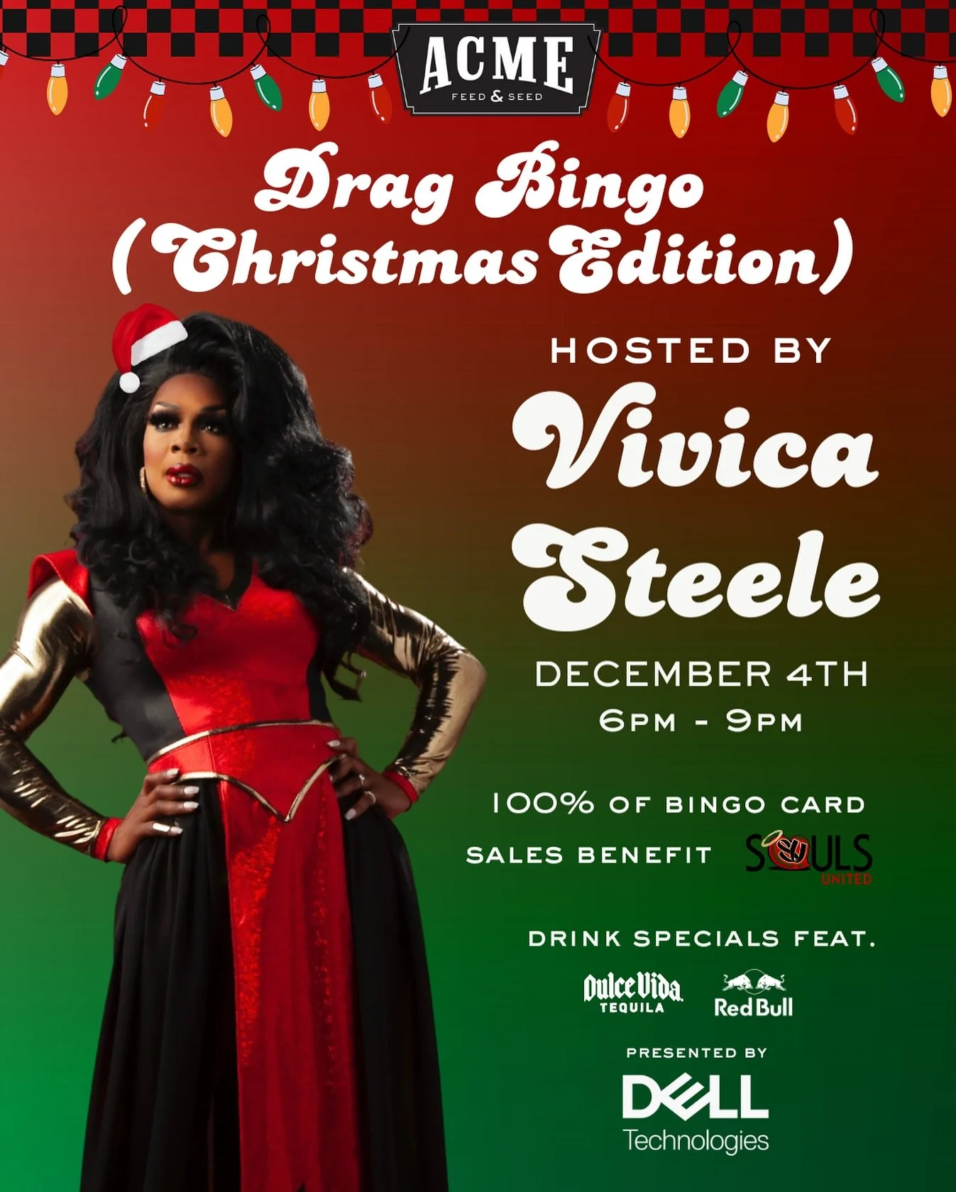 Hey sis, it&rsquo;s Christmas‼️ Jingle all the way to Acme&rsquo;s second floor for Drag Bingo with @vivicasteele615 on December 4th 🎄🎁

All bingo card proceeds from this event will go to @soulsunited_streetteamlegal to help feed our neighbors this