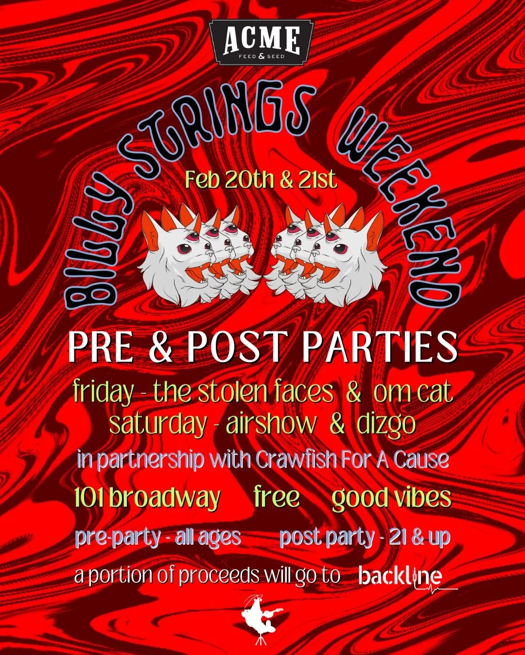 Meet us at Acme for @billystrings Nashville weekend‼️ Join us pre &amp; post concert both nights with some of the best jam bands in town!

We&rsquo;ll have $3 @buschbeer &amp; @montuckycoldsnacks all day &amp; night, and our kitchen will be open pre-