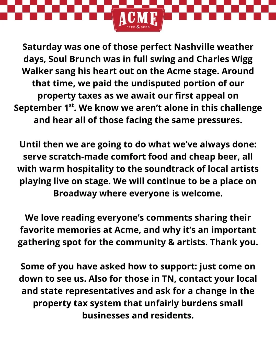 Saturday was one of those perfect Nashville weather days, Soul Brunch was in full swing and Charles Wigg Walker sang his heart out on the Acme stage. Around that time, we paid the undisputed portion of our property taxes as we await our first appeal 