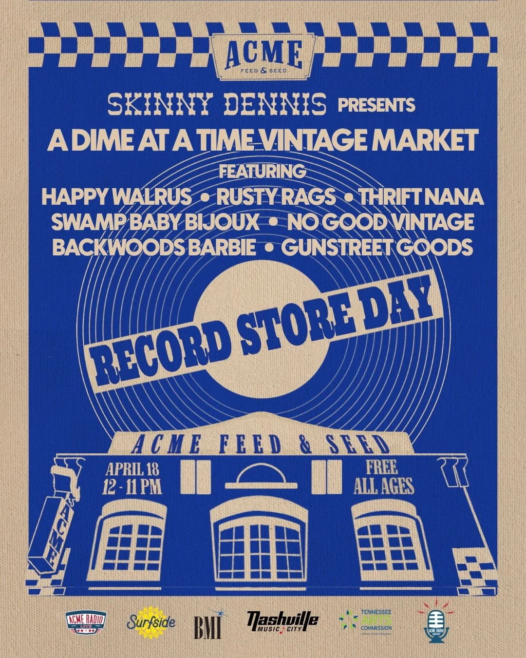@adimeatatime_vintagemarket is coming to Broadway on Saturday, April 18th‼️ Join us starting at noon for a Record Store Day celebration at Acme Feed &amp; Seed! 

Enjoy music all day long, including performances from @charleswiggwalker @thecowpokes @