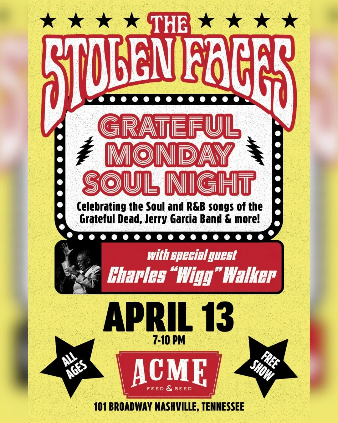 Tonight&rsquo;s the night‼️Join us for this dream on-stage collaboration between @thestolenfaces &amp; Nashville legend, @charleswiggwalker 💛

This event is free and all ages are welcome!!

Enjoy $1 off @mondaynight @creaturecomfortsbeer @betterthan