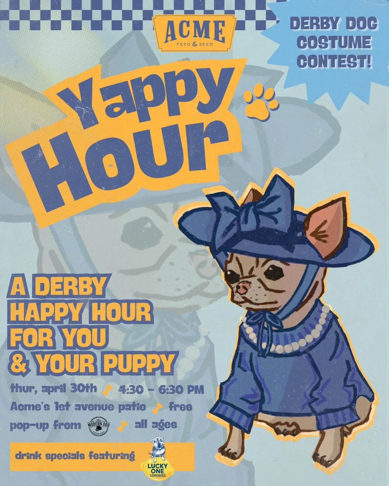 Yap it out with your paws and pals on Thursday, April 30th at our free Yappy Hour 🐶

Join us from 4:30pm - 6:30pm on our first avenue patio for drink specials with @luckyonelemonade 🍋 and a pop-up from @themoderndogcompany !!

We&rsquo;ll be hostin