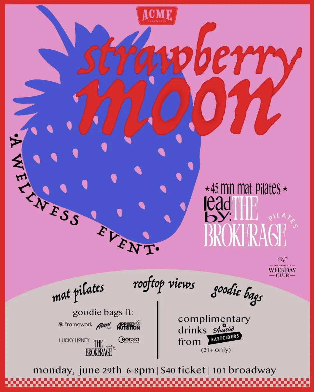 Start your summer off strong at our Strawberry Moon Wellness event on Monday, June 29th 🌕💕

Join us on the Acme rooftop from 6-8pm for a 45 minute Pilates class led by @thebrokeragepilates followed by a social hour! Enjoy a complimentary @eastcider