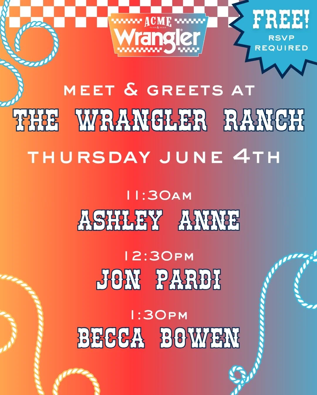 CMA FEST ANNOUNCEMENT 🚨 Meet your favorite country music artists at The Wrangler Ranch! 

Join us June 4th - 6th on our 3rd floor for a chance to get up close and personal with Jon Pardi, Kylie Morgan, Drake Milligan, Erin Kinsey &amp; more!

Spots 