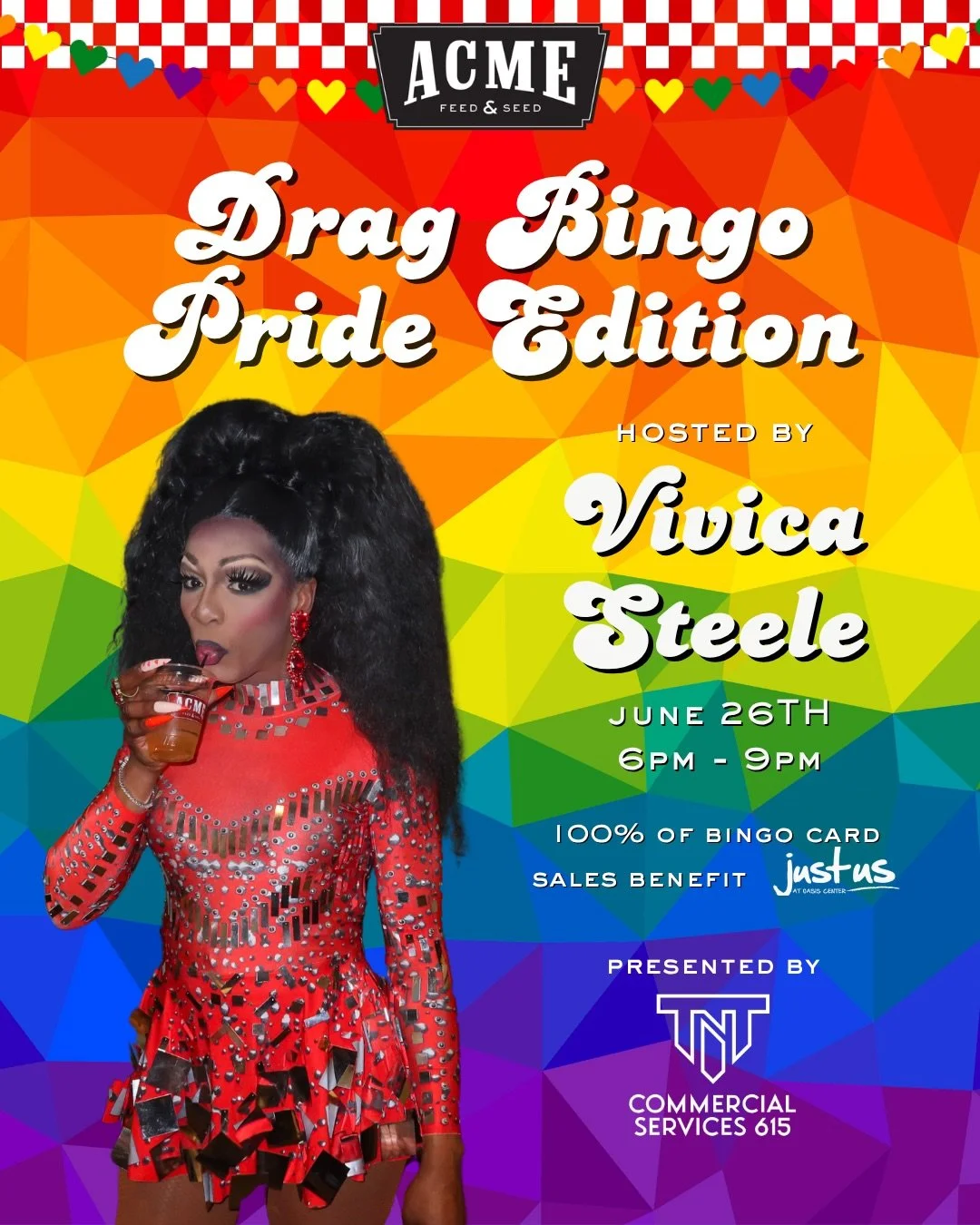 Kick off your Nashville Pride Weekend at Acme with Drag Bingo with @vivicasteele615 &hearts;️💛🧡💚💙💜

Join us on our rooftop (weather depending) on Friday, June 26th from 6-9pm! 100% of bingo card sales will go directly to @justusoasis ✨

All ages
