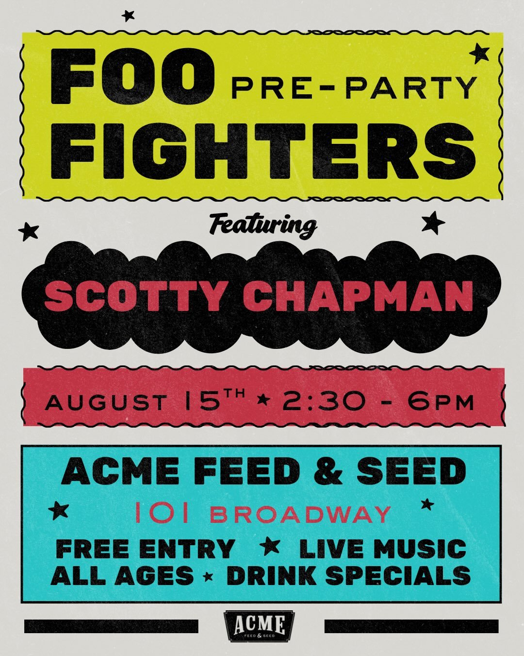 Get hyped and kick off the Foo Fighters vibes early with us! Join us on August 15, 2026 at 2:30pm for a fun free pre-party! 

This event is free and all ages are welcome.
We&rsquo;ll have themed drinks on special as well as $1 off Music City Beer &am