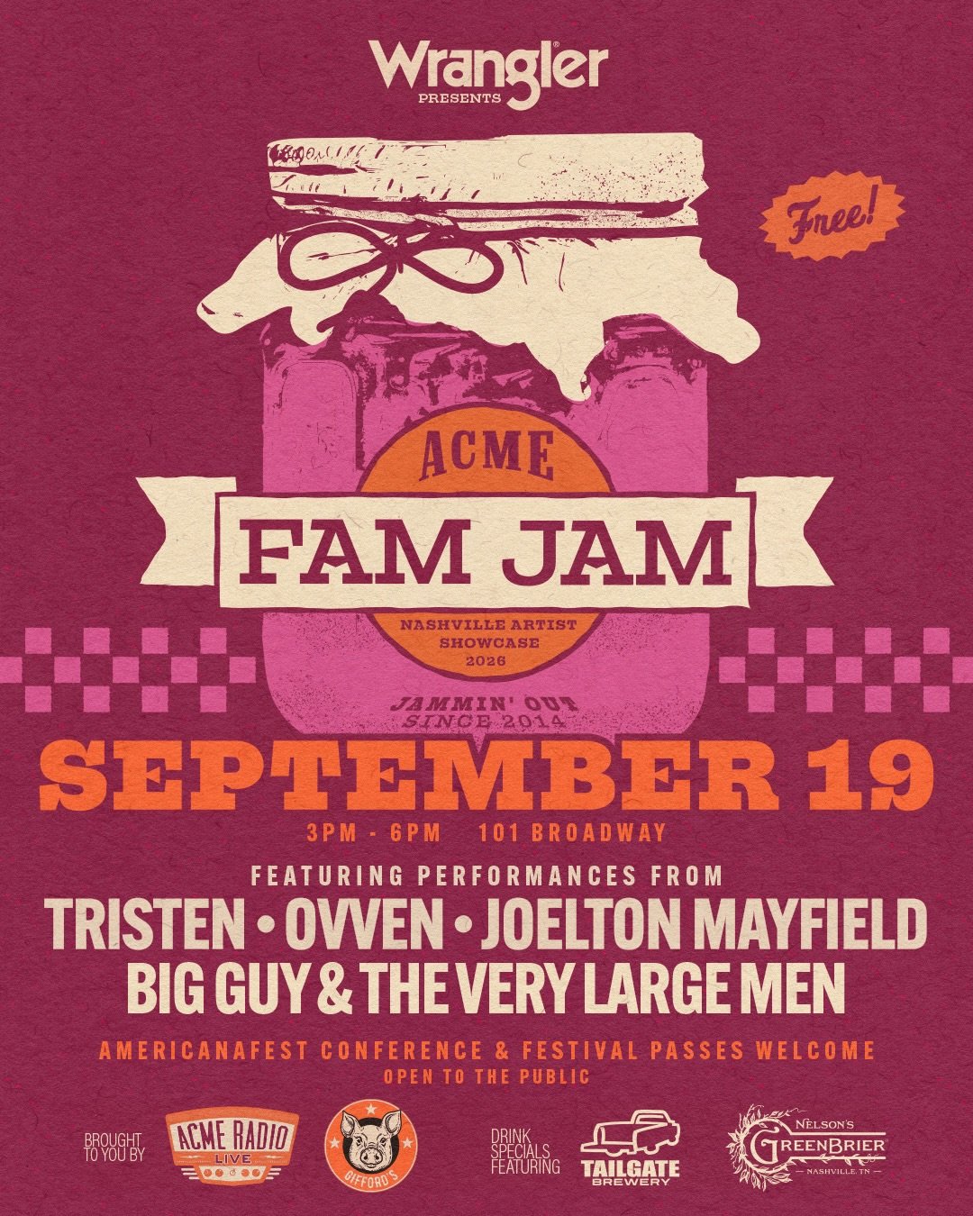 Acme&rsquo;s @americanafest Fam Jam is back on Saturday, September 19th 🍓 Join us from 3-6pm to hear the authentic voices of Music City! 

This event is free and open to the public. AMERICANAFEST conference &amp; festival passes are welcome. 

Prese