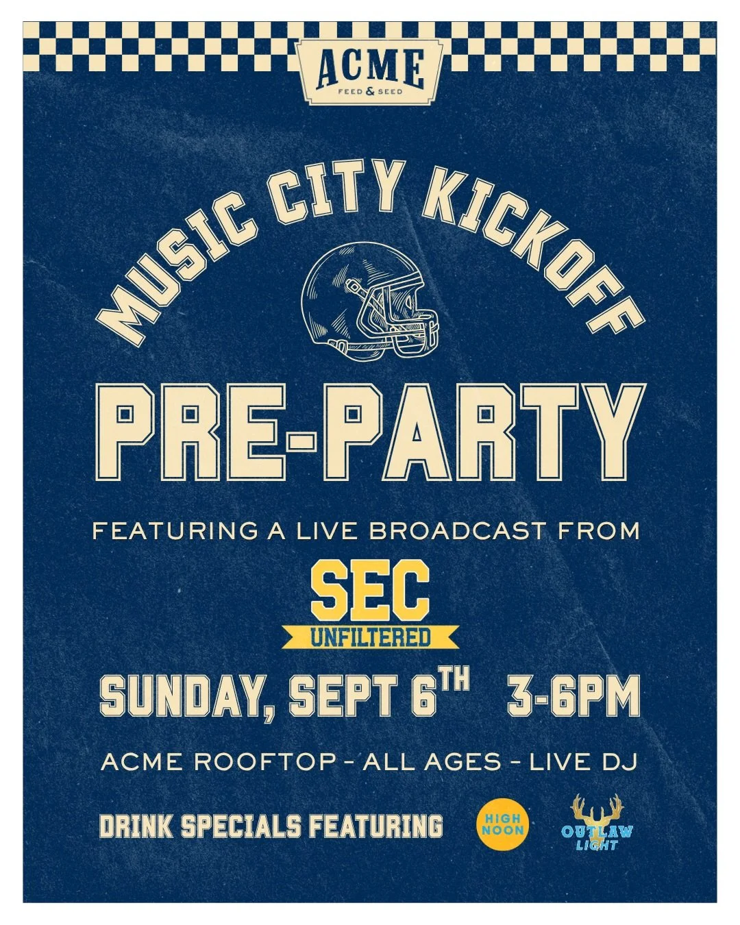 Are you headed to Nashville for the Music City Kickoff between @olemissfb &amp; @louisvillefb ⁉️ Head to Acme for our special FREE pre-party with @secunfiltered and @outlawbeer 🏈

The party will begin with a welcome from @cphilly19 &amp; a live broa
