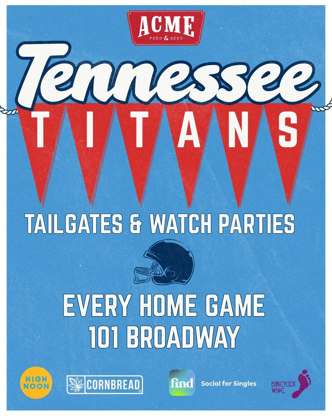 It&rsquo;s time to Titan Up 🏈💙 Join us before &amp; after every home game this season for our tailgate and watch parties! 

Enjoy $1 off @highnoonsunsips &amp; @cornbread_instead all day long! We&rsquo;ll also have an exclusive @barefootwine bucket