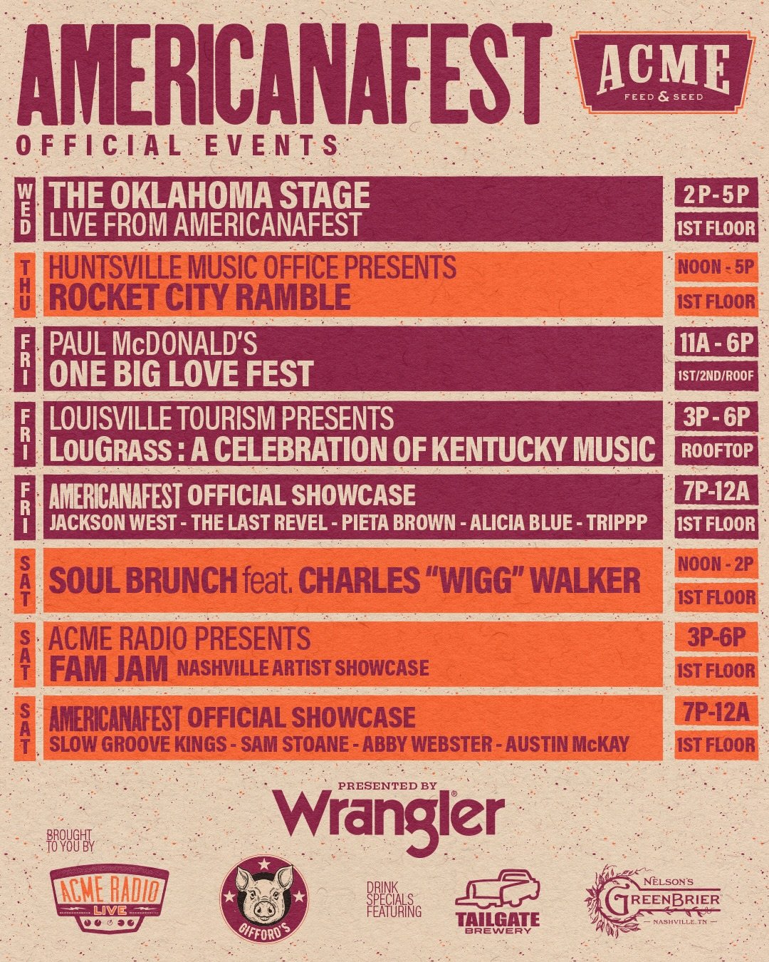 Giddy up! It&rsquo;s time for @americanafest ‼️Swipe thru to see what&rsquo;s happenin&rsquo; at Acme this week 👉 

As always, our events are free, all ages &amp; welcome to the public! RSVP for our 3rd annual Fam Jam at the 🔗 in bio. 

Enjoy $1 of