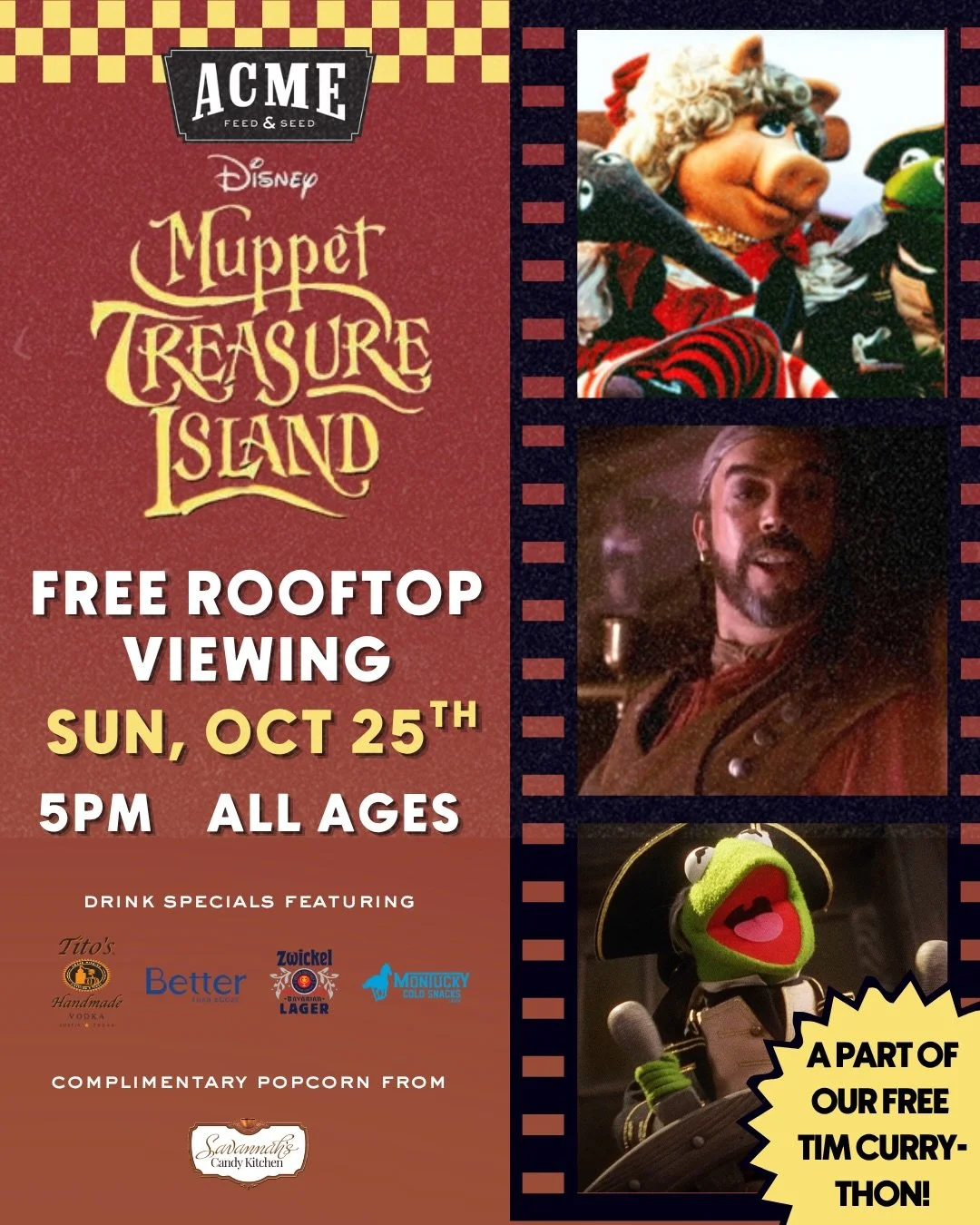 This Halloween, we&rsquo;re honoring the life and legacy of Tim Curry with not one, but THREE rooftop movie nights‼️ All of these events are free to attend. RSVP at the link in bio 👉 

🎥 Sunday, October 25th @ 5pm - Muppet Treasure Island, all ages
