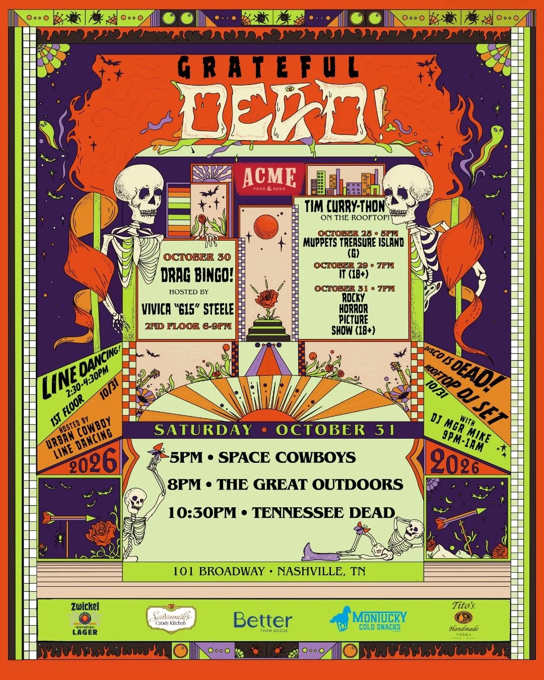 This Halloween, get ready to &ldquo;boo&rdquo;gie with some of the best jam bands around for our Grateful &ldquo;DEAD&rdquo; themed party 🥀🎶 

This event is FREE and all ages until 10pm! 21&amp;up after 10pm. RSVP at the link in bio. 

Enjoy spooky