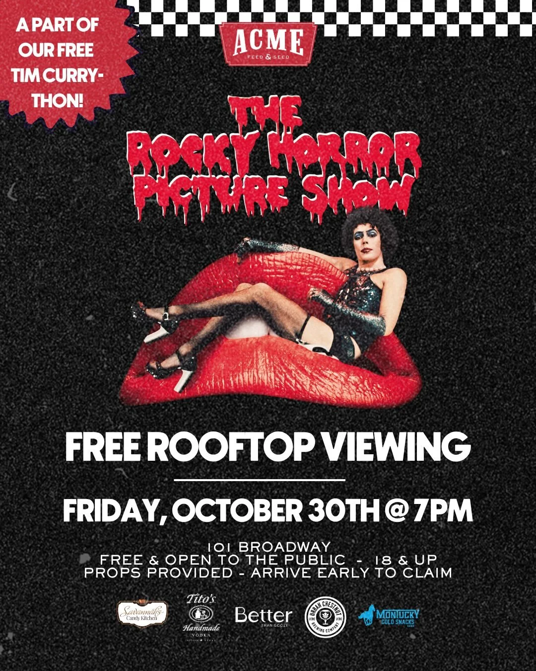 LETS DO THE TIME WARP AGAIN 🌀

Join us next Friday, October 30, for a free rooftop viewing of The Rocky Horror Picture Show - a part of our Tim Curry-thon celebration! 

Enjoy drink specials from @titosvodka, @betterthanbooze, and @urbanchestnut. We