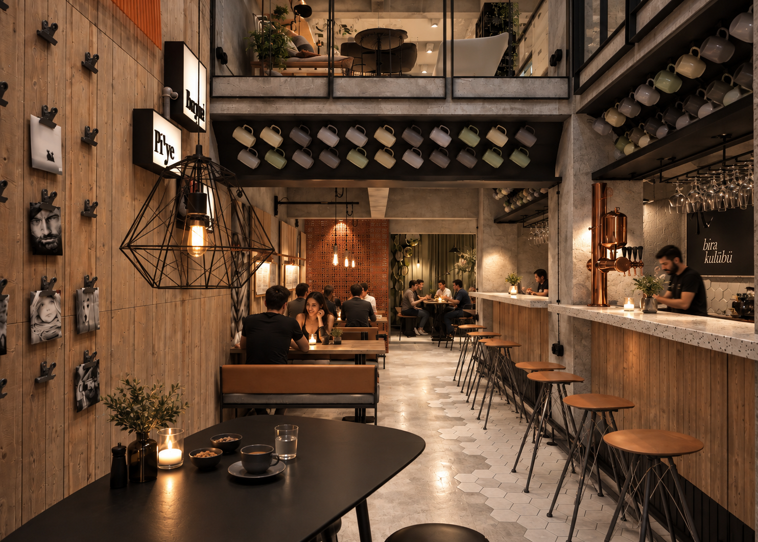 Cozy, modern restaurant interior with wooden and concrete decor, warm lighting, people dining, bar area with taps, hanging mugs, and decorative photos on wooden wall.