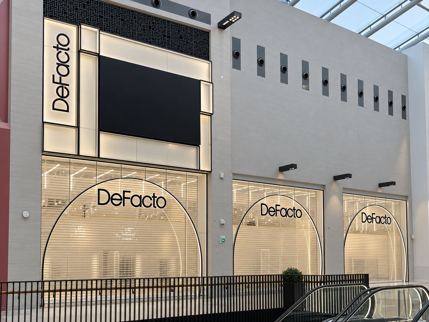 Exterior of a DeFacto retail store with large glass windows and black and white signage, situated inside a shopping mall with escalators visible in the foreground.