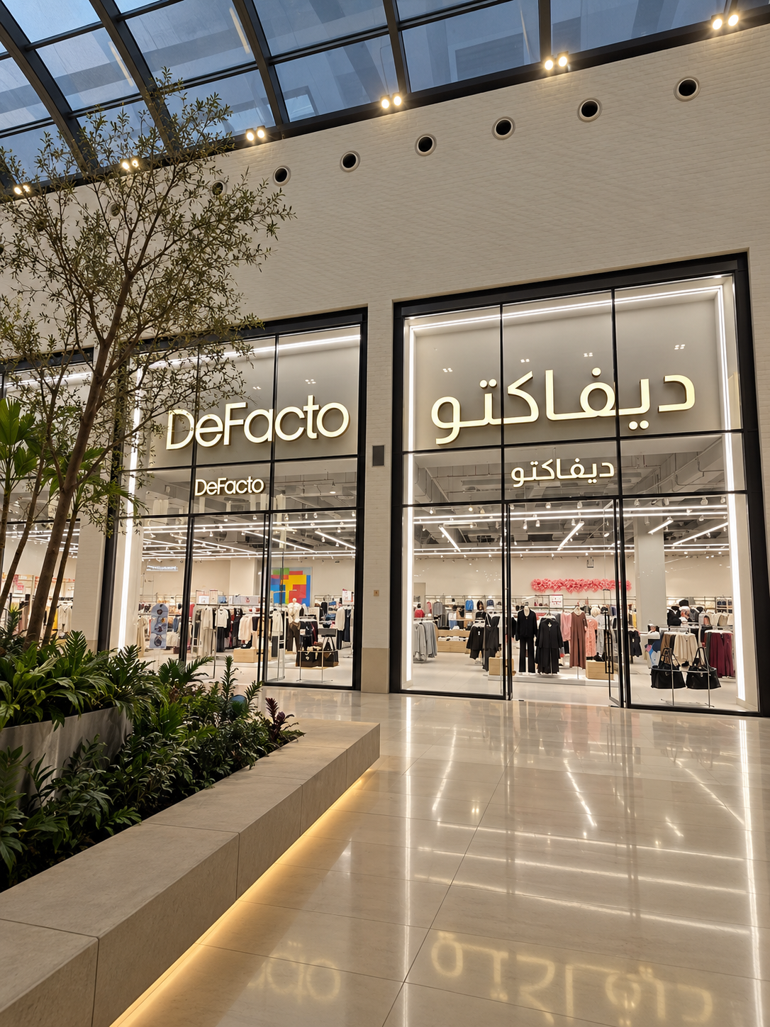 Storefront of DeFacto clothing store with large glass windows displaying interior clothing displays, illuminated signs in English and Arabic, and some greenery outside the entrance.
