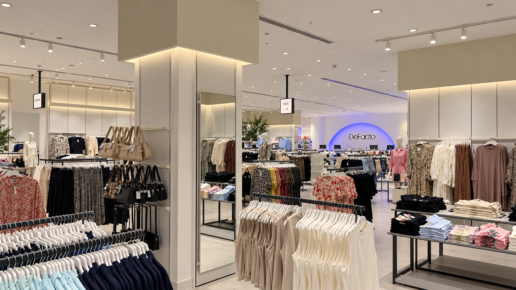 Inside a clothing store with racks of apparel, handbags, mannequins, and a lit sign that reads 'DeFacto' in the background.