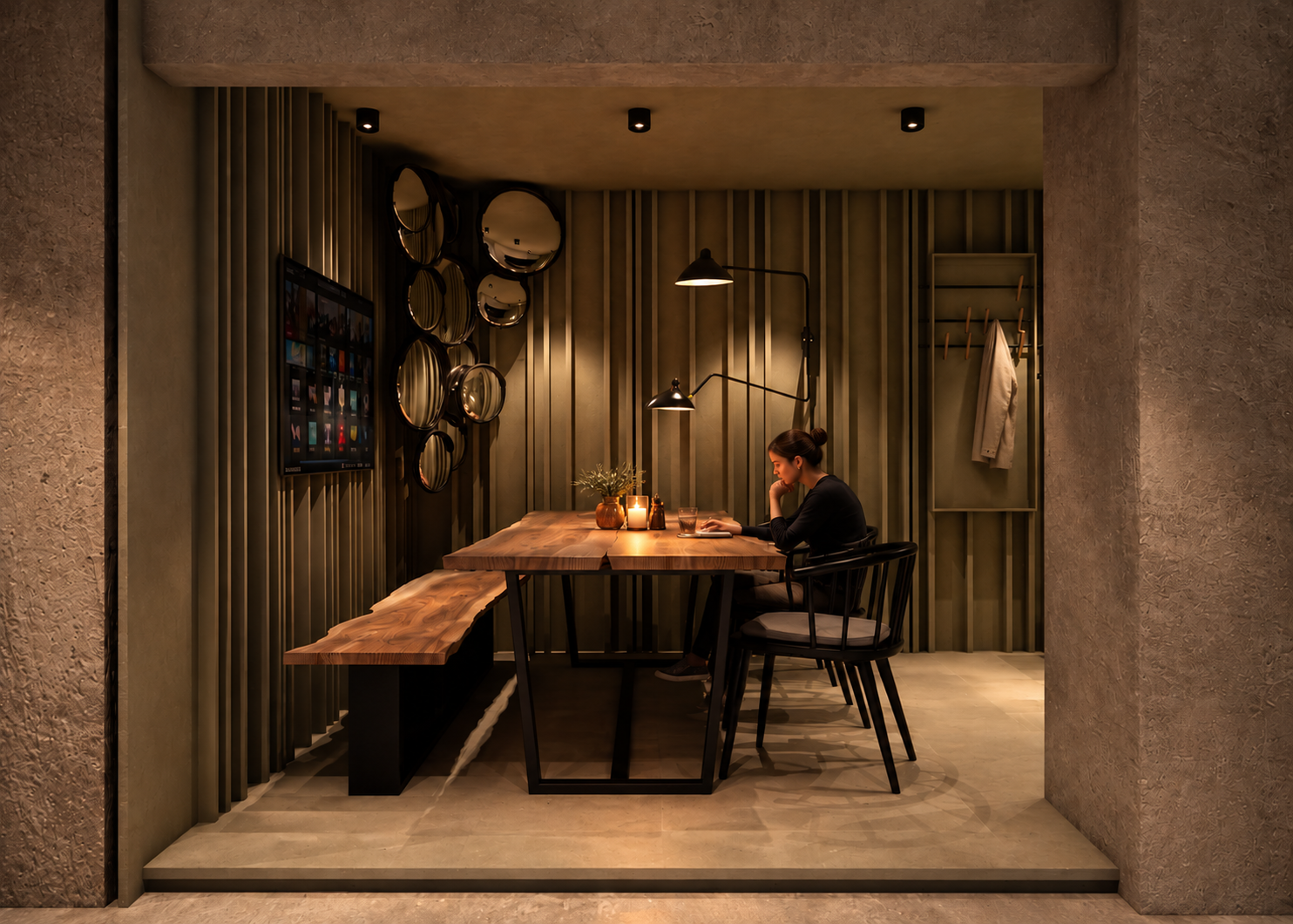 A woman sitting alone at a modern, dimly lit dining area with a wooden table, black chairs, a wall-mounted TV, decorative mirrors, and a coat hanging in the background.