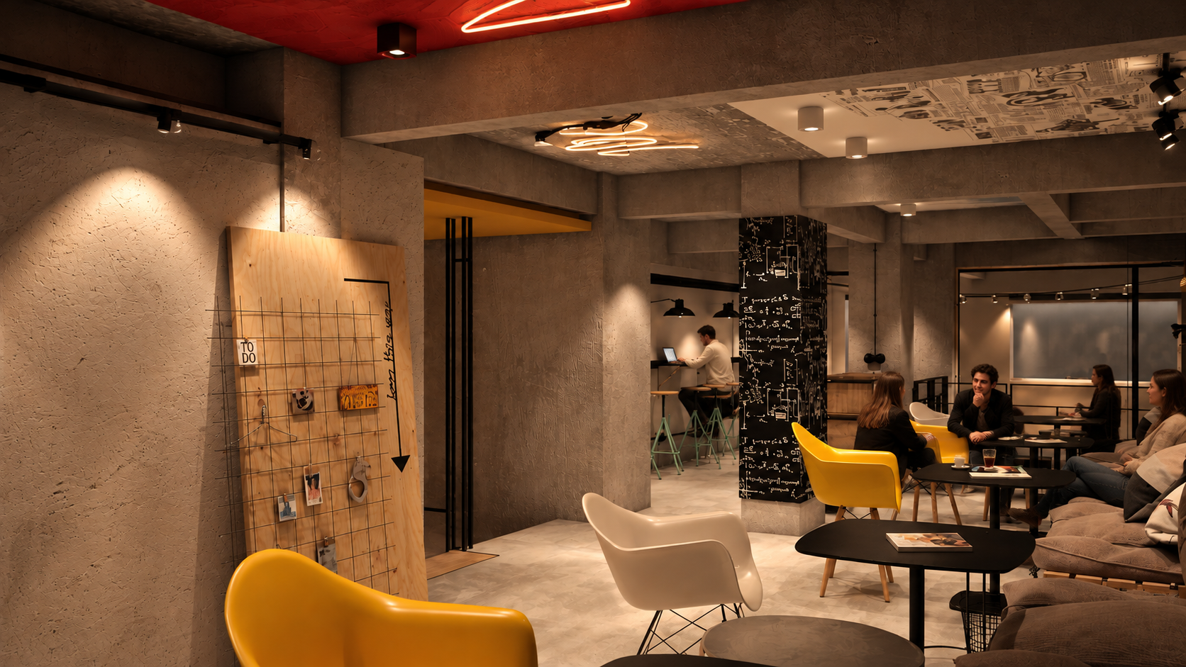 Cozy modern café interior with yellow, white, and black chairs, a sofa, tables, and patrons sitting and talking. A person works on a laptop at a high table, and there's decorative chalkboard art on a pillar.