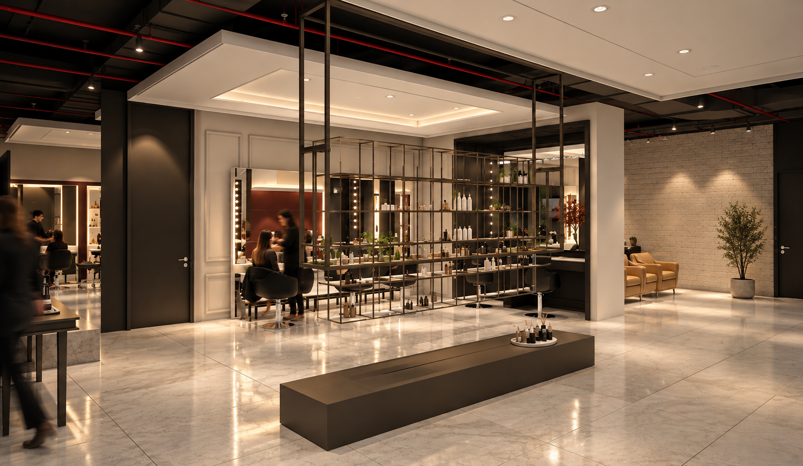 Modern indoor space with salon stations, chairs, shelves with bottles, and people getting hair treatments. Elegant decor with marble flooring, plants, and warm lighting.