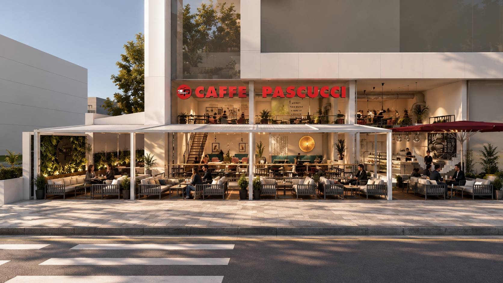 Modern cafe and restaurant with outdoor seating area, inside dining space on upper level, large red sign reading 'CAFFE PASCUCCI', people dining and socializing, potted plants, warm lighting, and a drive-thru window with an umbrella on a city street.
