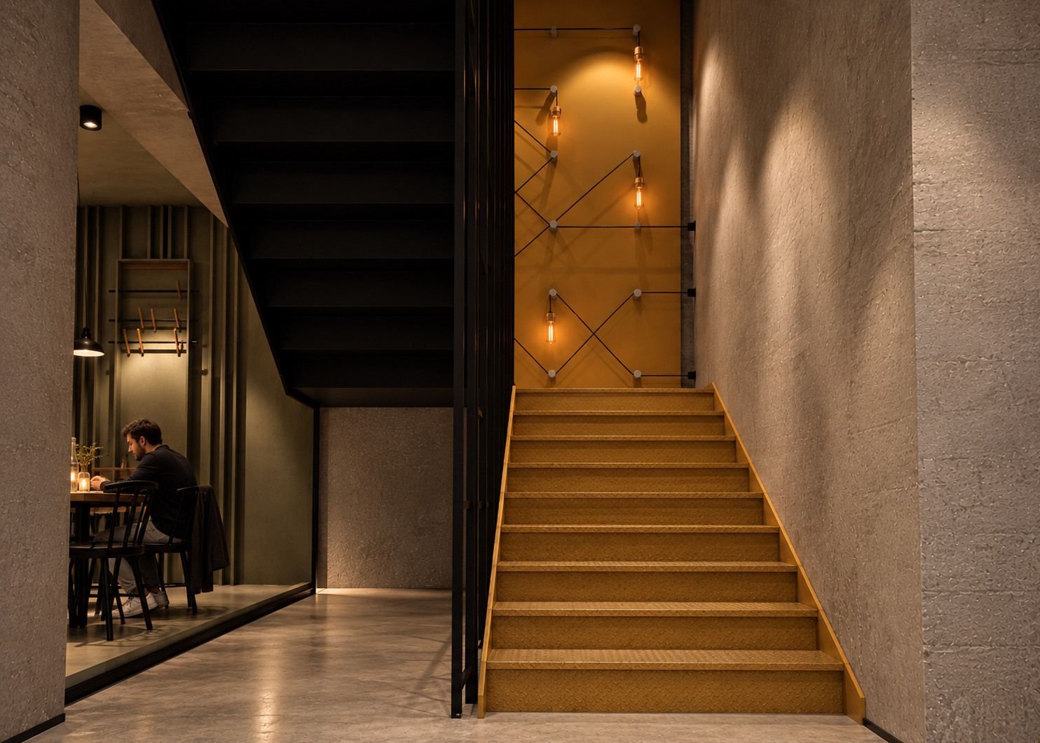 Interior of a modern cafe or restaurant with a staircase, a man sitting at a table, warm lighting, and contemporary wall decor.