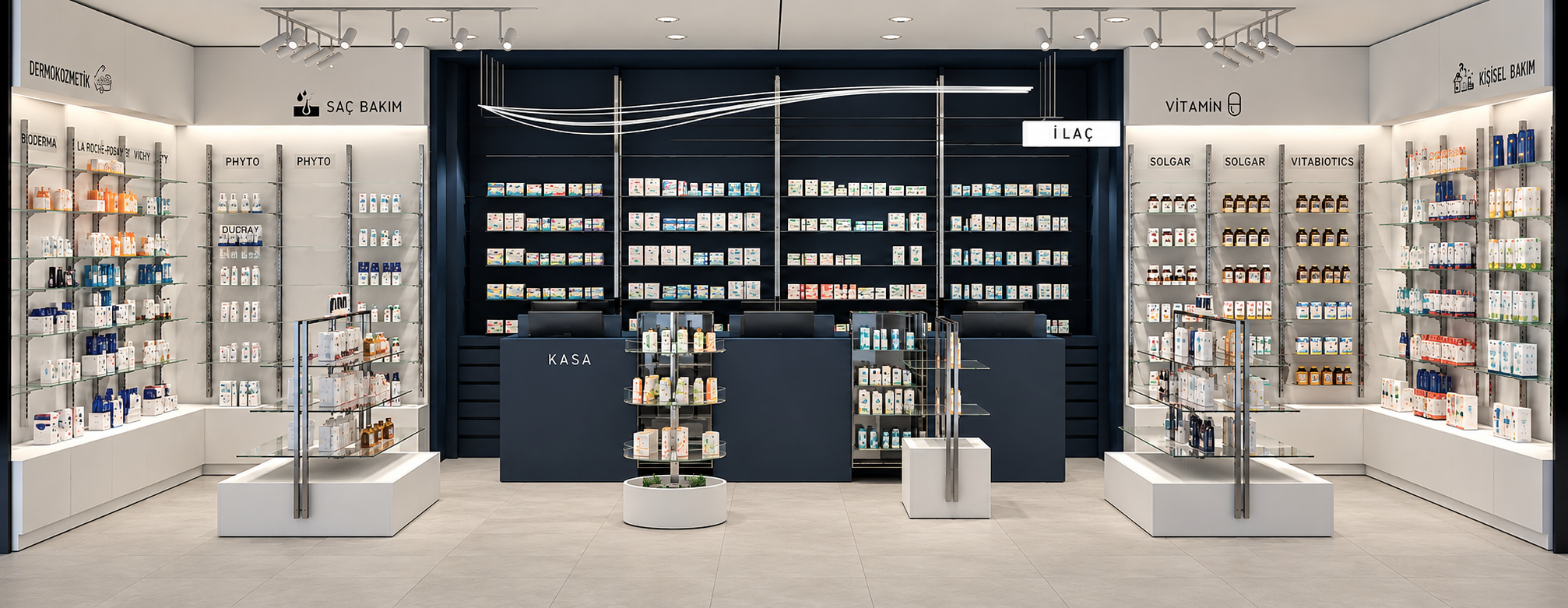 Interior view of a pharmacy with shelves stocked with various medicines and health products, a central counter labeled 'KASA', and signs in Turkish for different product categories such as dermocosmetics, hair care, vitamins, and personal care.