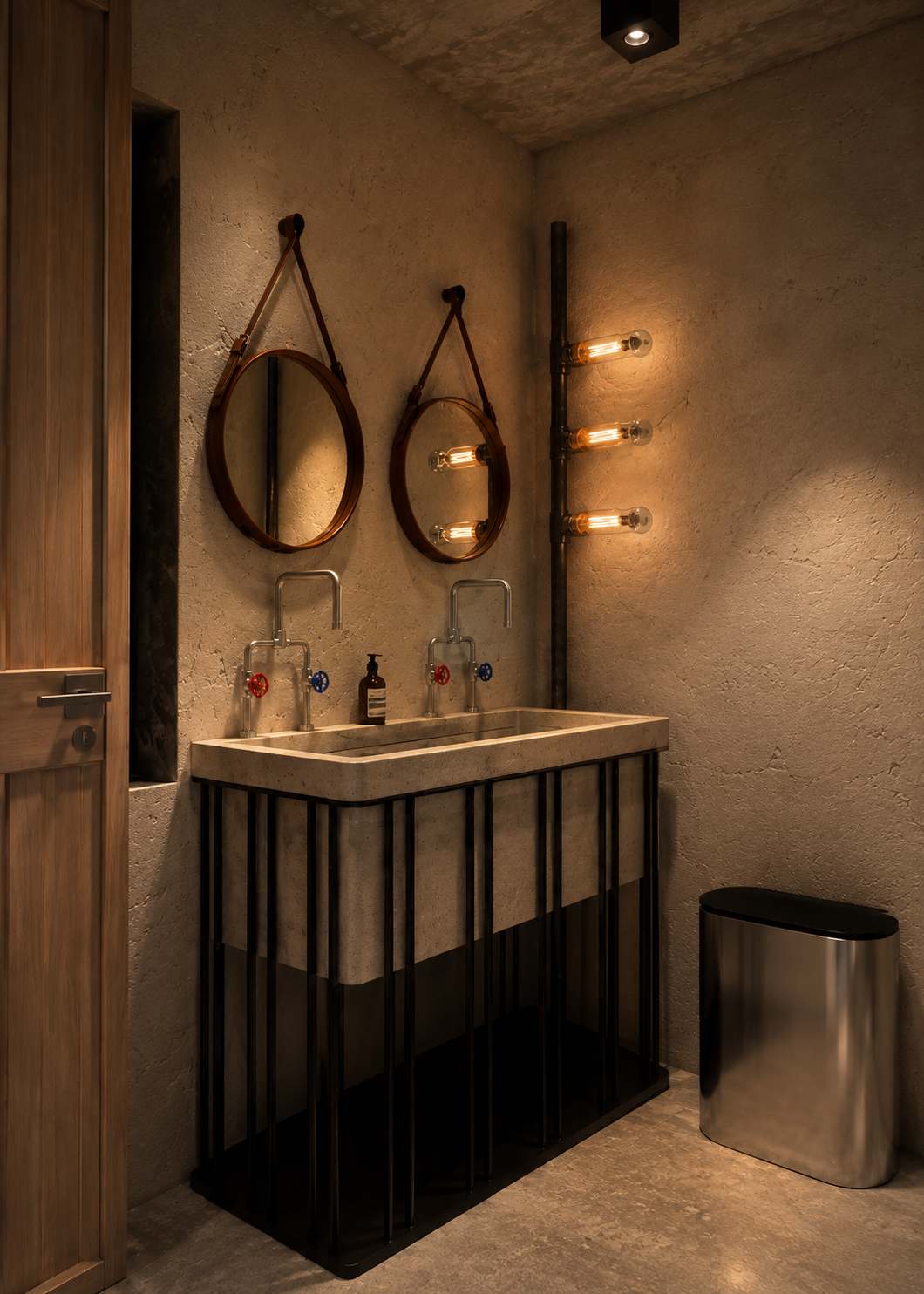 Industrial-style bathroom with concrete sink, black metal frame, two mirrors with leather straps, vintage Edison bulb lighting, and a stainless steel trash can.