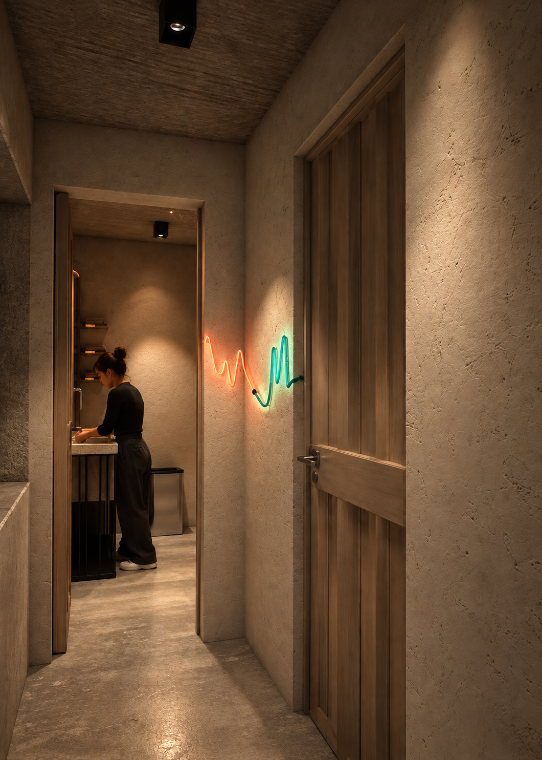 A woman standing at a small kitchen counter in a modern, minimalist interior with neutral tones and a neon wave light on the wall.