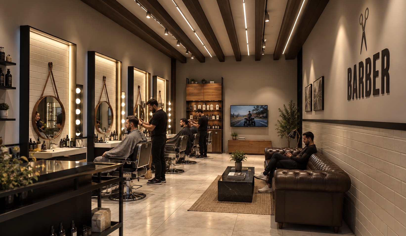 A modern barber shop with four barber stations, each with mirrors and grooming products, and a customer getting a haircut. There is a seating area with a leather sofa and a person using a phone. The decor includes wall art, shelves with bottles, and plants.
